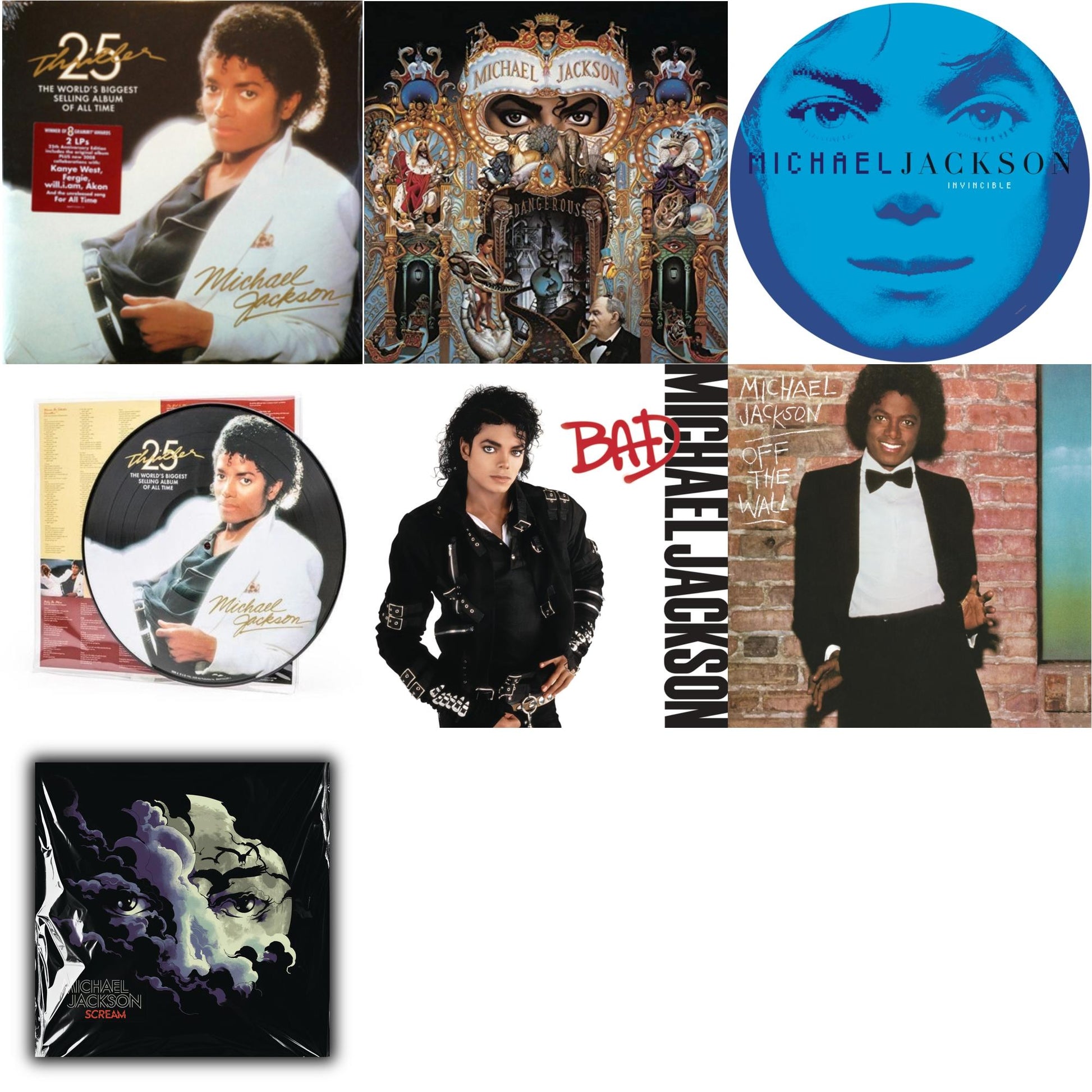 This is a 7 LP Vinyl SKU bundle.
1.This LP Vinyl is brand new.Format: LP VinylMusic Style: Contemporary R&BThis item's title is: Invincible (2LP/Picture Disc)Artist: Michael JacksonLabel: LEGACY/ EPICBarcode: 190758664613Release Date: 8/24/2018
2.This LP Vinyl is brand new.