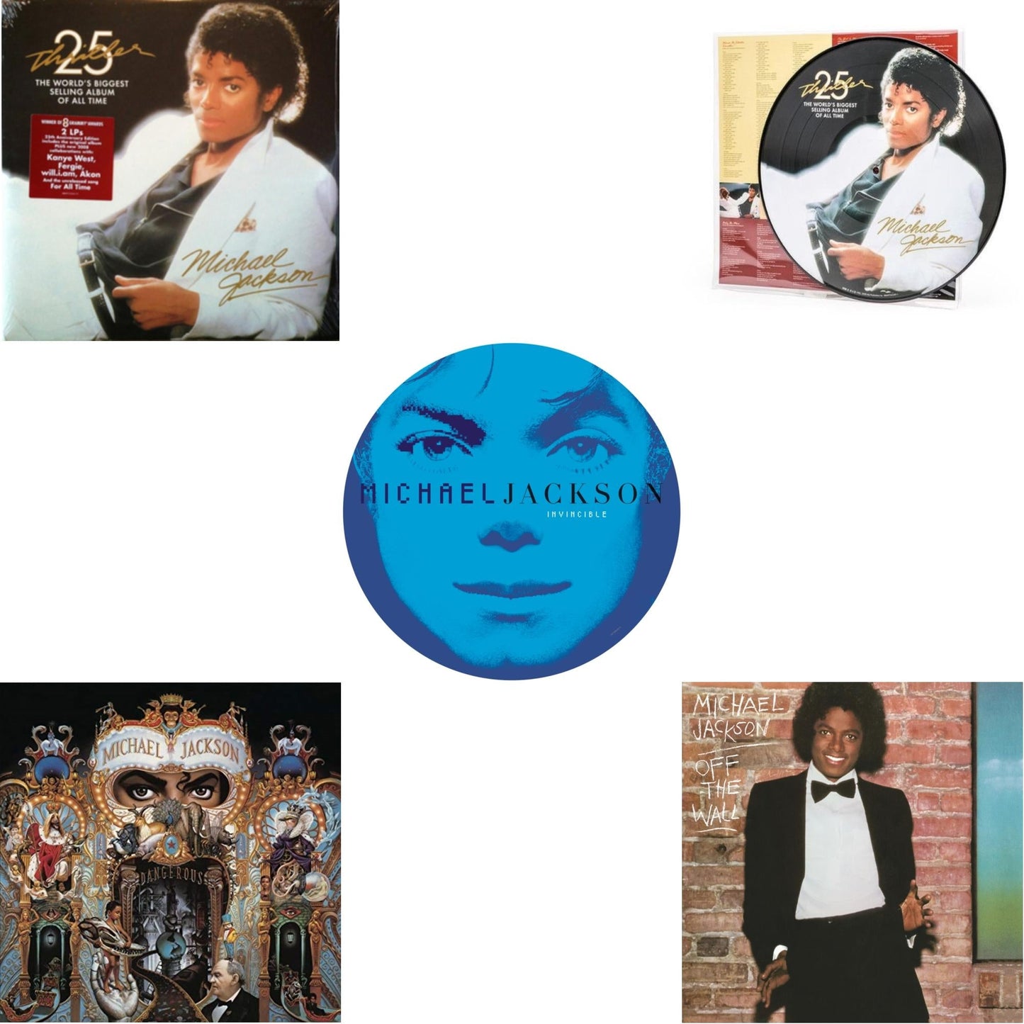 This is a 5 LP Vinyl SKU bundle.
1.This LP Vinyl is brand new.Format: LP VinylMusic Style: Contemporary R&BThis item's title is: Invincible (2LP/Picture Disc)Artist: Michael JacksonLabel: LEGACY/ EPICBarcode: 190758664613Release Date: 8/24/2018
2.This LP Vinyl is brand new.