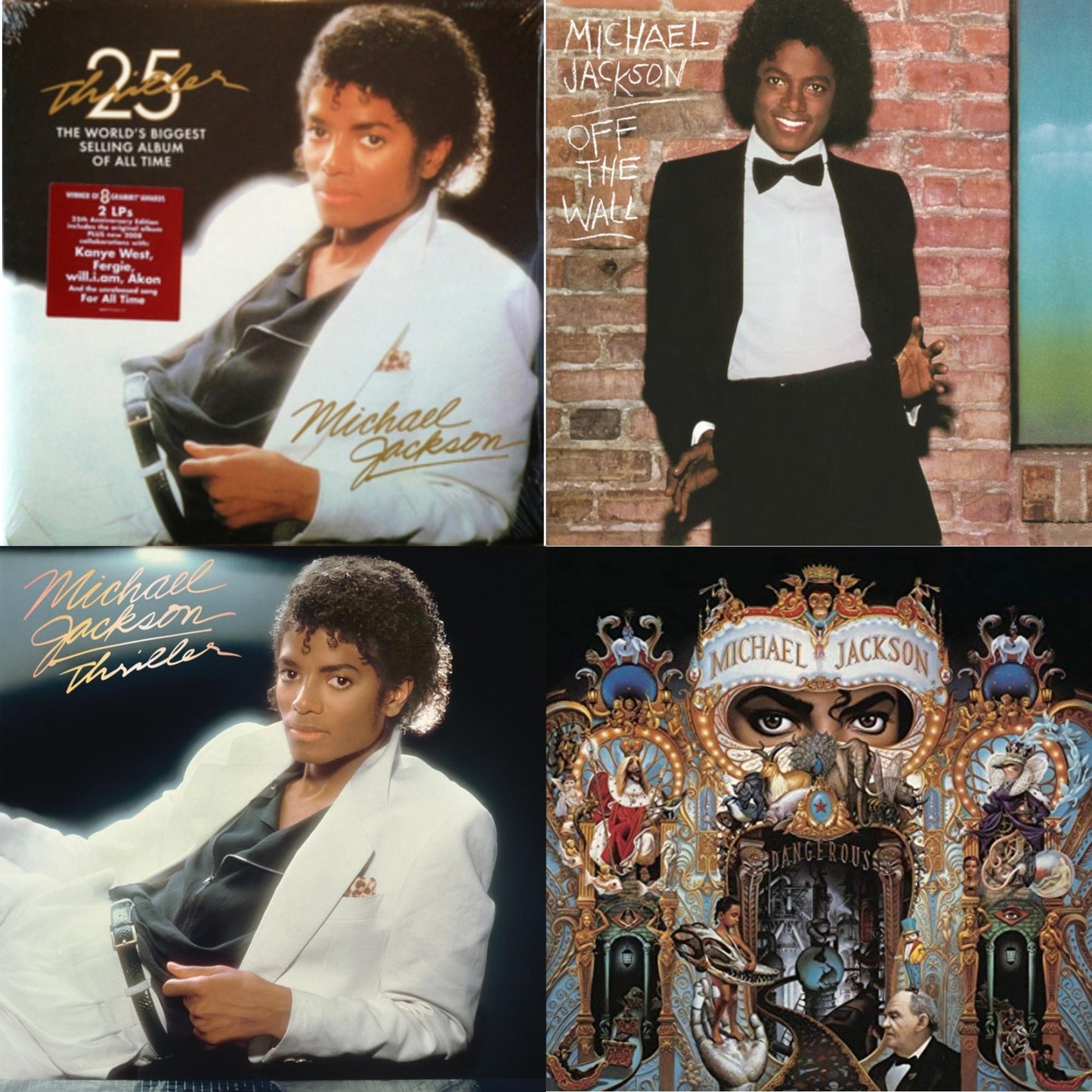 This is a 4 LP Vinyl SKU bundle.
1.This LP Vinyl is brand new.Format: LP VinylMusic Style: Pop RapThis item's title is: Thriller (25Th Anniversary Edition/2LP/180G/Gatefold)Artist: Michael JacksonLabel: LEGACYBarcode: 886972334417Release Date: 2/19/2008
2.This LP Vinyl is brand new.