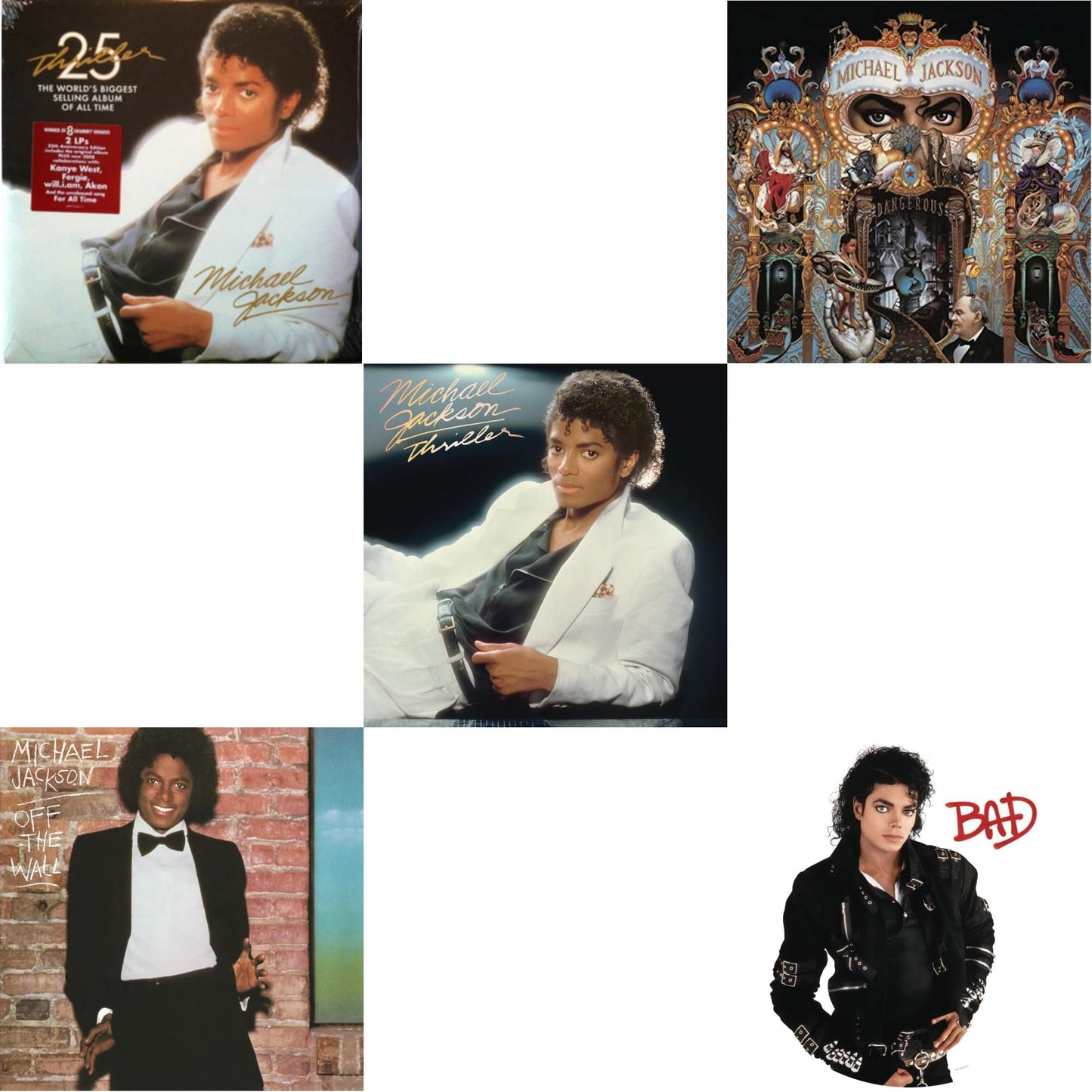 This is a 5 LP Vinyl SKU bundle.
1.This LP Vinyl is brand new.Format: LP VinylMusic Style: Pop RapThis item's title is: Thriller (25Th Anniversary Edition/2LP/180G/Gatefold)Artist: Michael JacksonLabel: LEGACYBarcode: 886972334417Release Date: 2/19/2008
2.This LP Vinyl is brand new.
