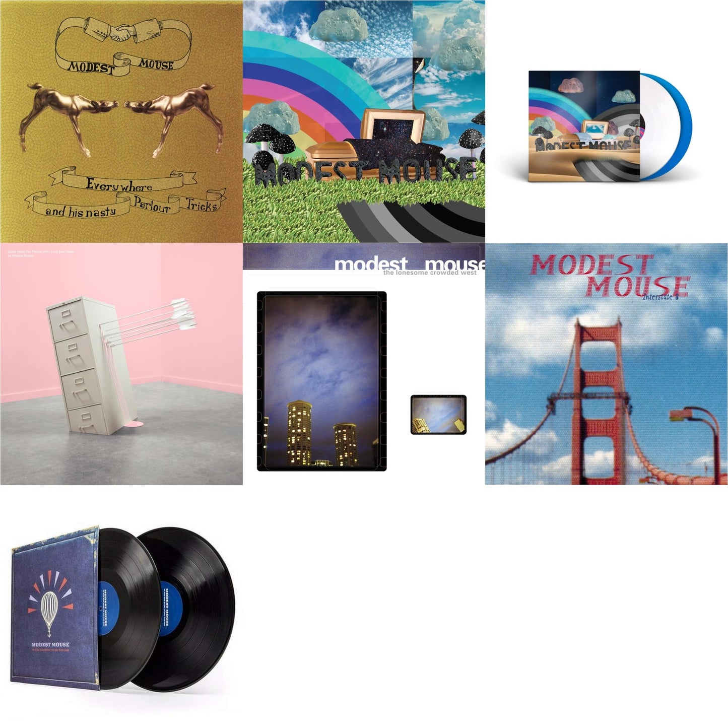 This is a 7 LP Vinyl SKU bundle.
1.This LP Vinyl is brand new.Format: LP VinylMusic Style: Indie RockThis item's title is: Everywhere & His Nasty Parlor Tricks (180G)Artist: Modest MouseLabel: EPICBarcode: 074646210413Release Date: 9/25/2001
2.This LP Vinyl is brand new.