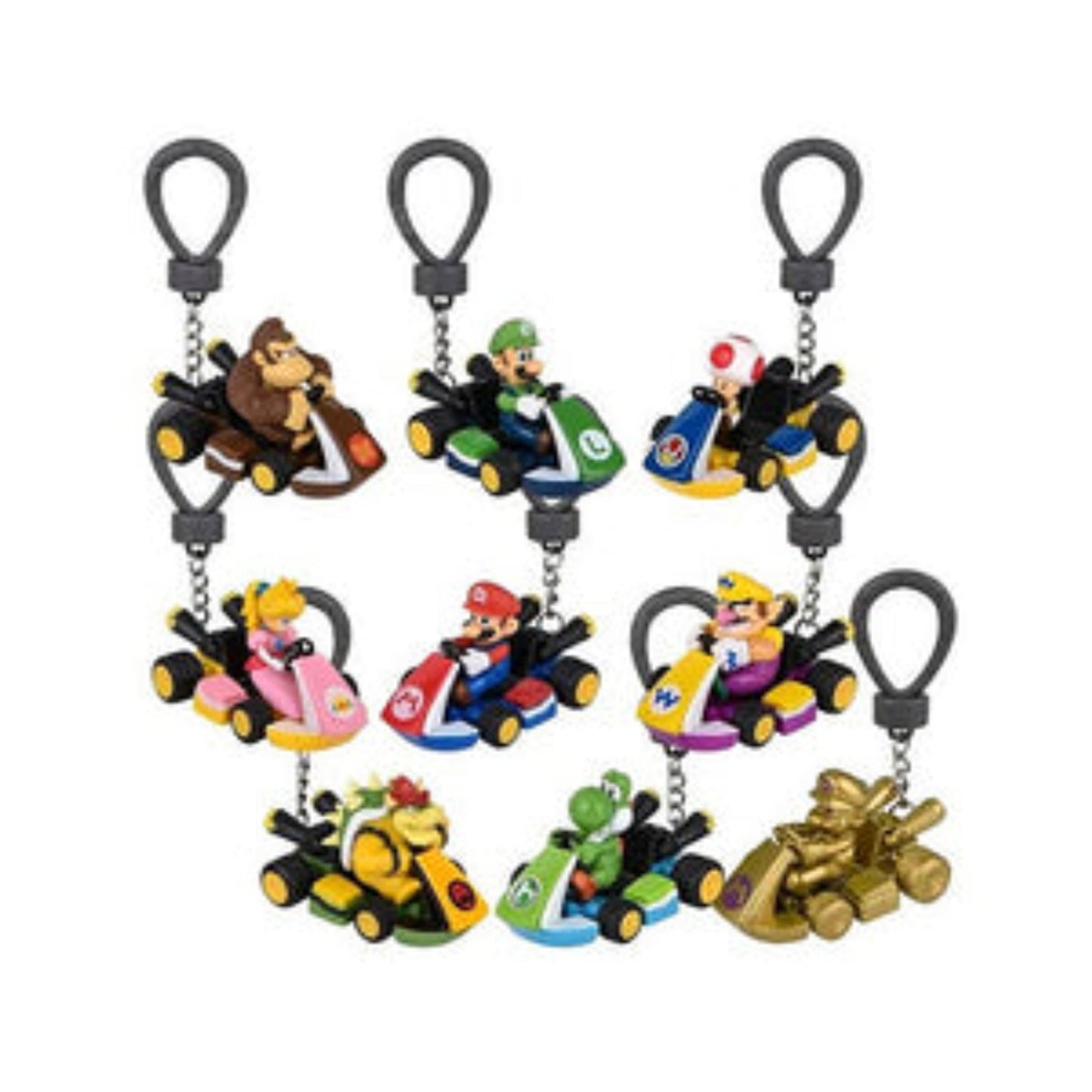 This is brand new.Hit the track with Nintendo’s fastest crew in this collectible series of Mario Kart Backpack Buddies. Each blind bag includes one highly detailed figure keychain from the world of Mario Kart, including fan favorites like Mario, Luigi, Peach, Yoshi, Bowser, and more.