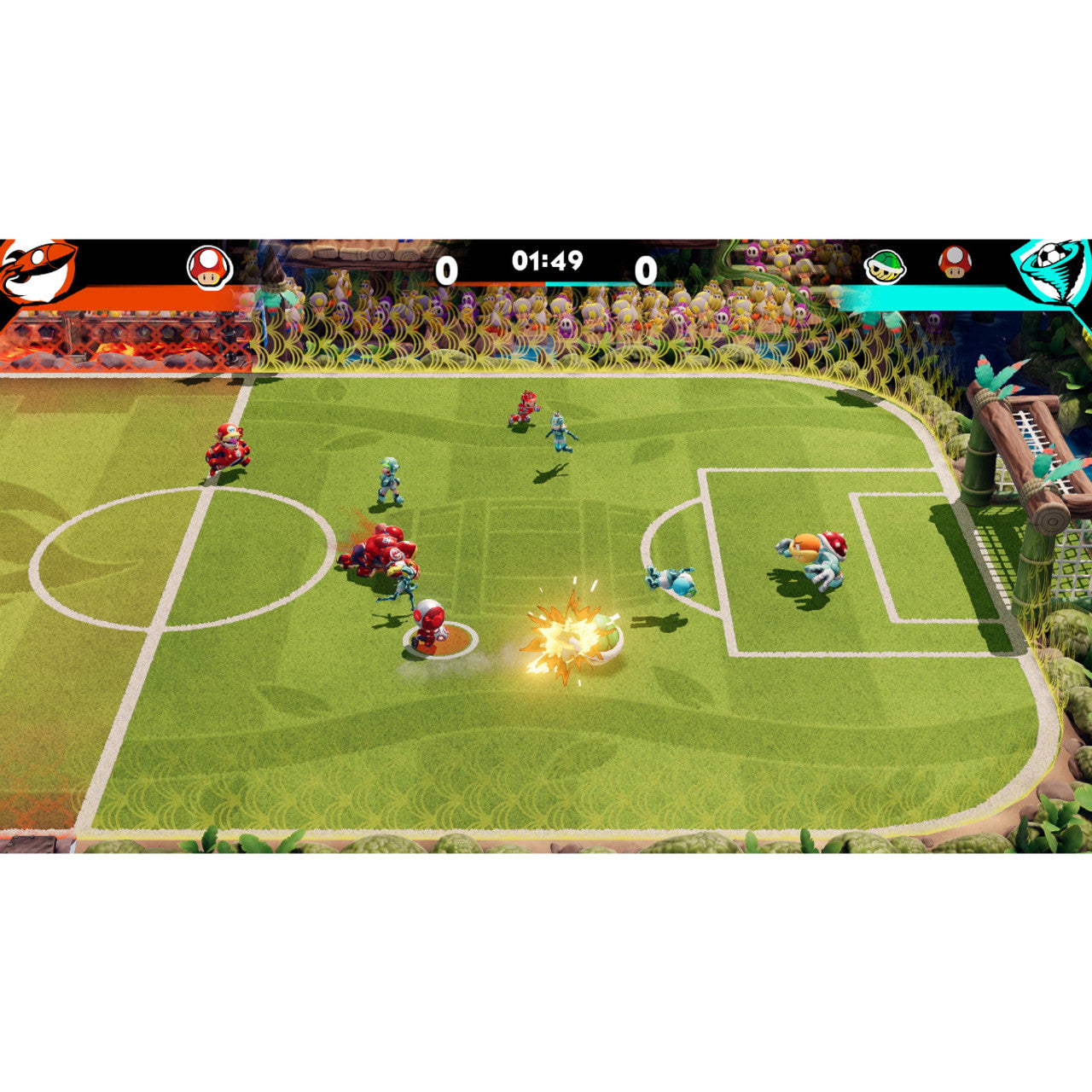 This is brand new.Tackle, pass, and score in battle soccer with the Mushroom Kingdom gang Introducing Strike, a 5-on-5, soccer-like sport with no rules—do whatever it takes to win! Get gritty and try score the most goals by tackling enemies, using items, and pulling off score-boosting special shots.