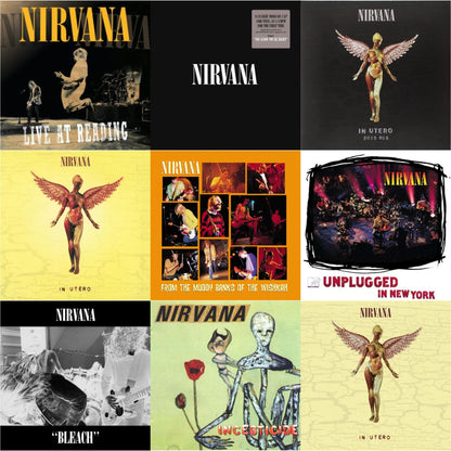 This is a 9 LP Vinyl SKU bundle.
1.This LP Vinyl is brand new.Format: LP VinylMusic Style: GrungeThis item's title is: BleachArtist: NirvanaLabel: SUBPOPBarcode: 098787003413Release Date: 10/1/1993
2.This LP Vinyl is brand new.