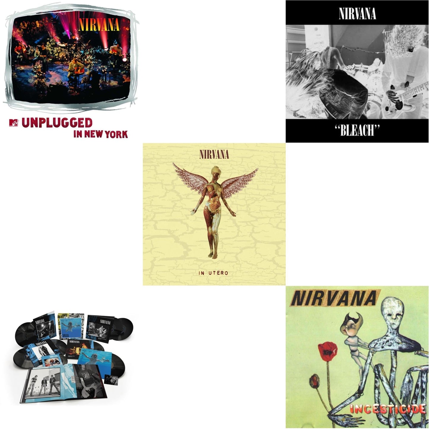 This is a 5 LP Vinyl SKU bundle.
1.This LP Vinyl is brand new.Format: LP VinylMusic Style: GrungeThis item's title is: BleachArtist: NirvanaLabel: SUBPOPBarcode: 098787003413Release Date: 10/1/1993
2.This LP Vinyl is brand new.