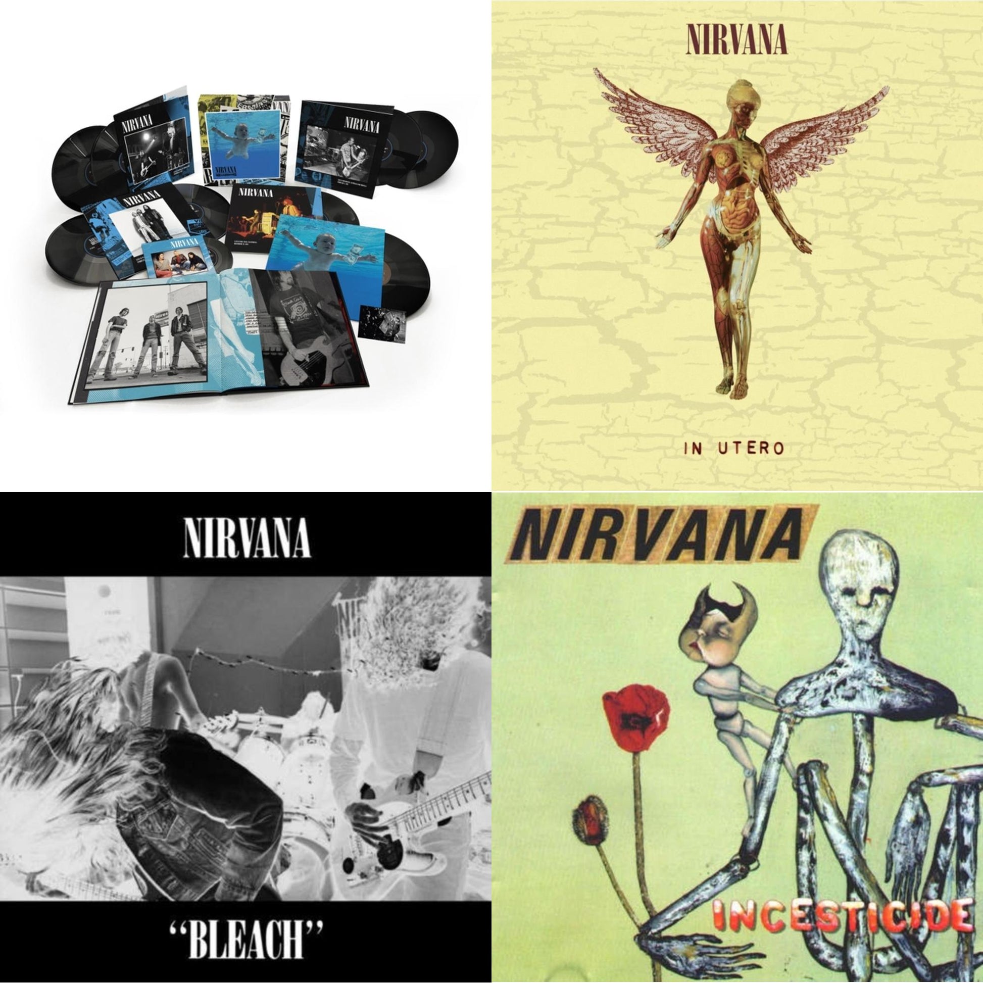 This is a 4 LP Vinyl SKU bundle.
1.This LP Vinyl is brand new.Format: LP VinylMusic Style: GrungeThis item's title is: BleachArtist: NirvanaLabel: SUBPOPBarcode: 098787003413Release Date: 10/1/1993
2.This LP Vinyl is brand new.