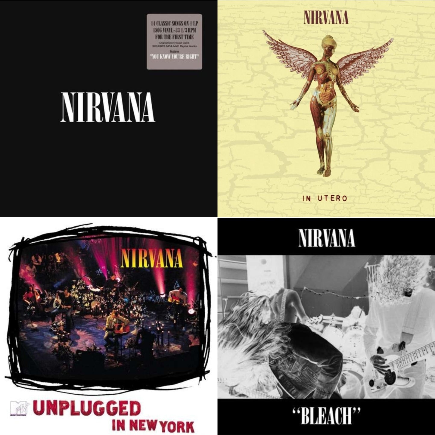 This is a 4 LP Vinyl SKU bundle.
1.This LP Vinyl is brand new.Format: LP VinylMusic Style: GrungeThis item's title is: BleachArtist: NirvanaLabel: SUBPOPBarcode: 098787003413Release Date: 10/1/1993
2.This LP Vinyl is brand new.