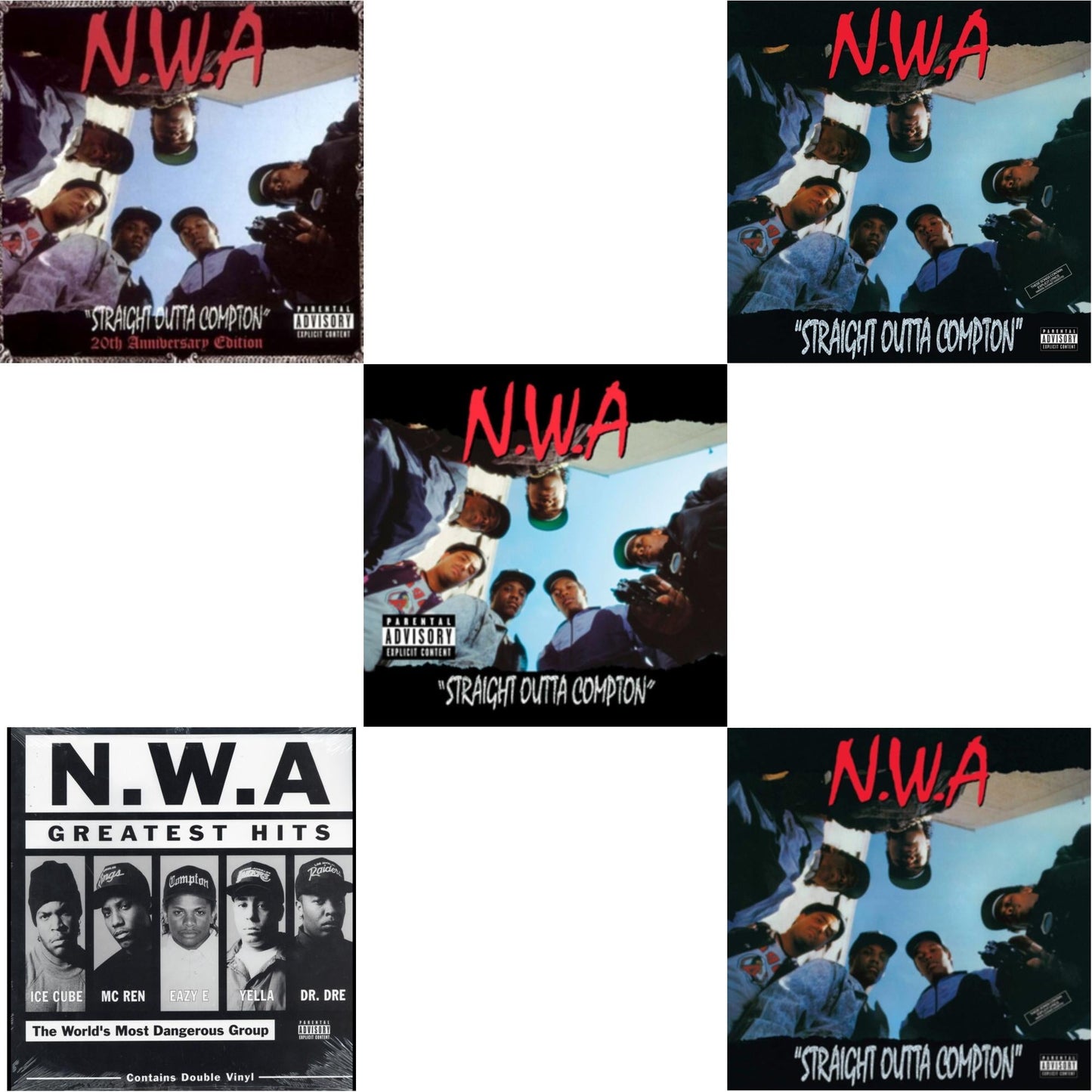 This is a 5 LP Vinyl SKU bundle.
1.This LP Vinyl is brand new.Format: LP VinylMusic Style: GangstaThis item's title is: Straight Outta (20Th Anniversary Edition)Artist: N.W.A.Label: PRIORITYBarcode: 5099951123918Release Date: 12/4/2007
2.This LP Vinyl is brand new.