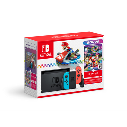 This is brand new.Nintendo Switch™: Mario Kart™ 8 Deluxe Bundle  This bundle has everything you need to start playing right away, including a Nintendo Switch™ system with Neon Red and Neon Blue Joy-Con™ controllers. Plus, enjoy an added value of $79.