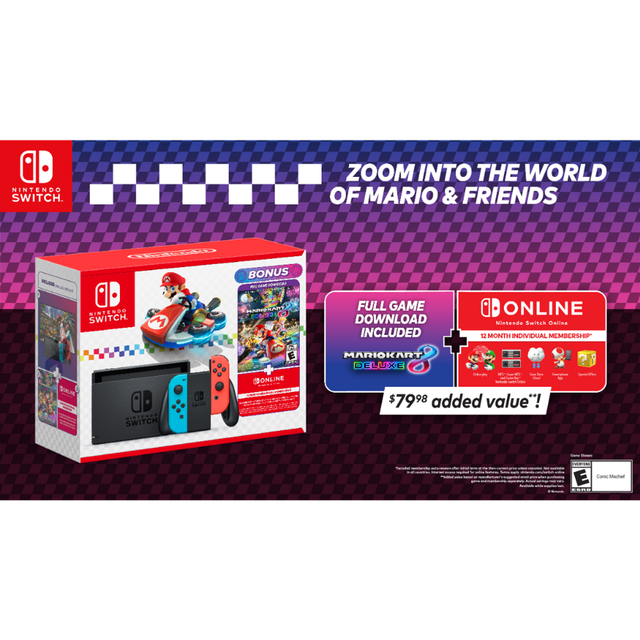 This is brand new.Nintendo Switch™: Mario Kart™ 8 Deluxe Bundle  This bundle has everything you need to start playing right away, including a Nintendo Switch™ system with Neon Red and Neon Blue Joy-Con™ controllers. Plus, enjoy an added value of $79.