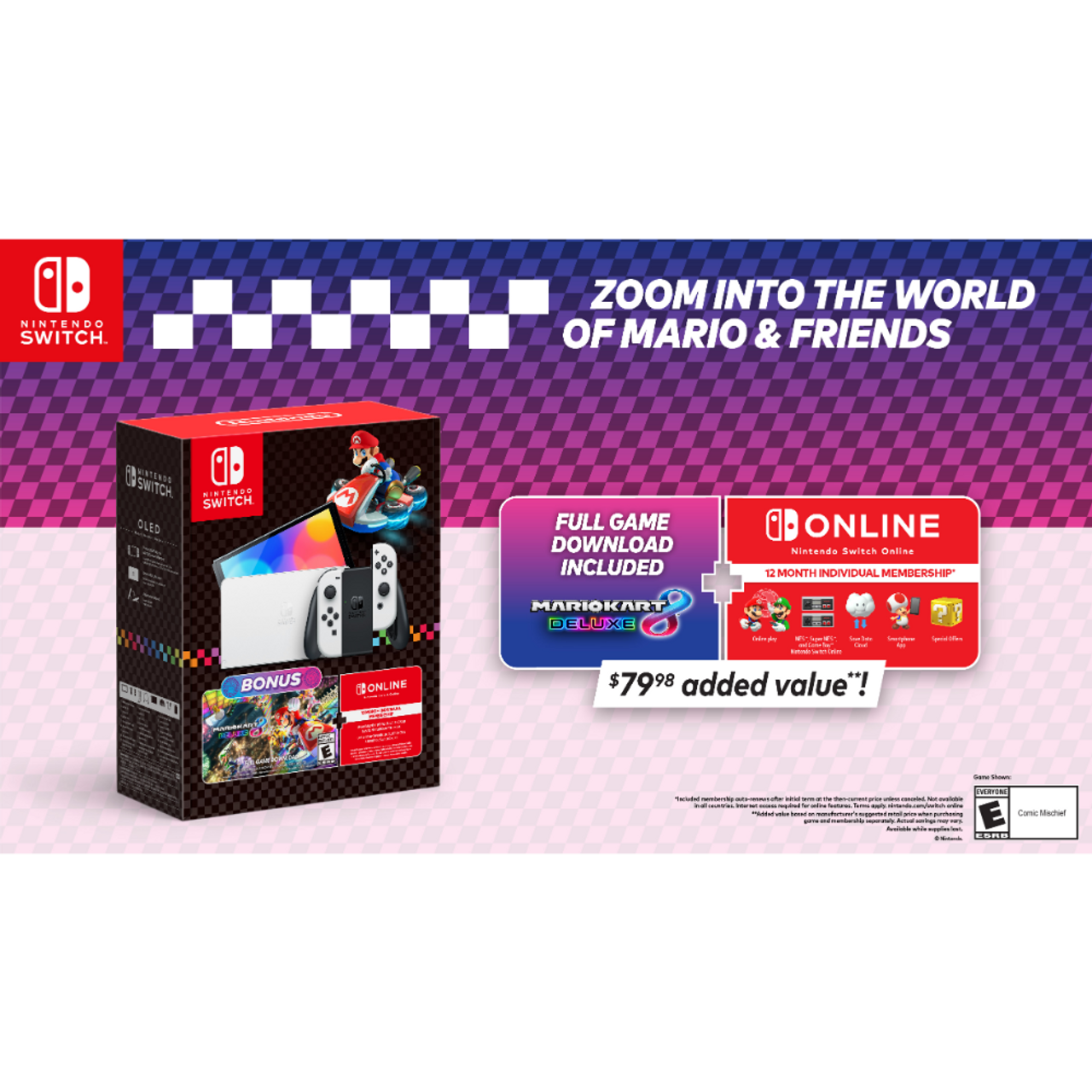 This is brand new.Nintendo Switch™ – OLED Model: Mario Kart™ 8 Deluxe Bundle  This bundle has everything you need to start playing right away, including a Nintendo Switch™ – OLED Model system with Neon Red and Neon Blue Joy-Con™ controllers. Plus, enjoy an added value of $79.