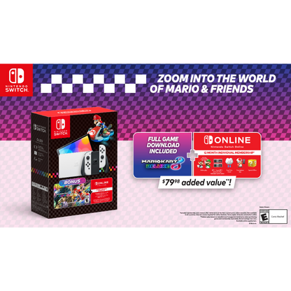 This is brand new.Nintendo Switch™ – OLED Model: Mario Kart™ 8 Deluxe Bundle  This bundle has everything you need to start playing right away, including a Nintendo Switch™ – OLED Model system with Neon Red and Neon Blue Joy-Con™ controllers. Plus, enjoy an added value of $79.