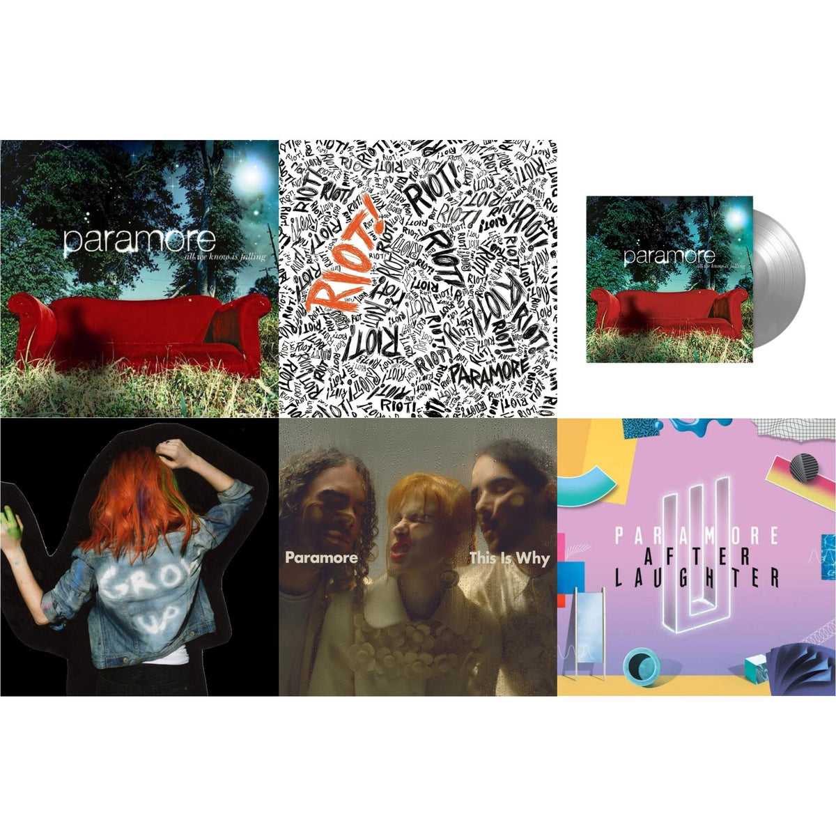 Paramore (2LP) & This Is Why & All We Know Is Falling (Silver LP Vinyl) & Riot! (Fbr 25Th Anniversary Edtion/Silver LP Vinyl) & After Laughter (Black & White Marble LP Vinyl/Dl Card) (I) & All We Know Is Falling