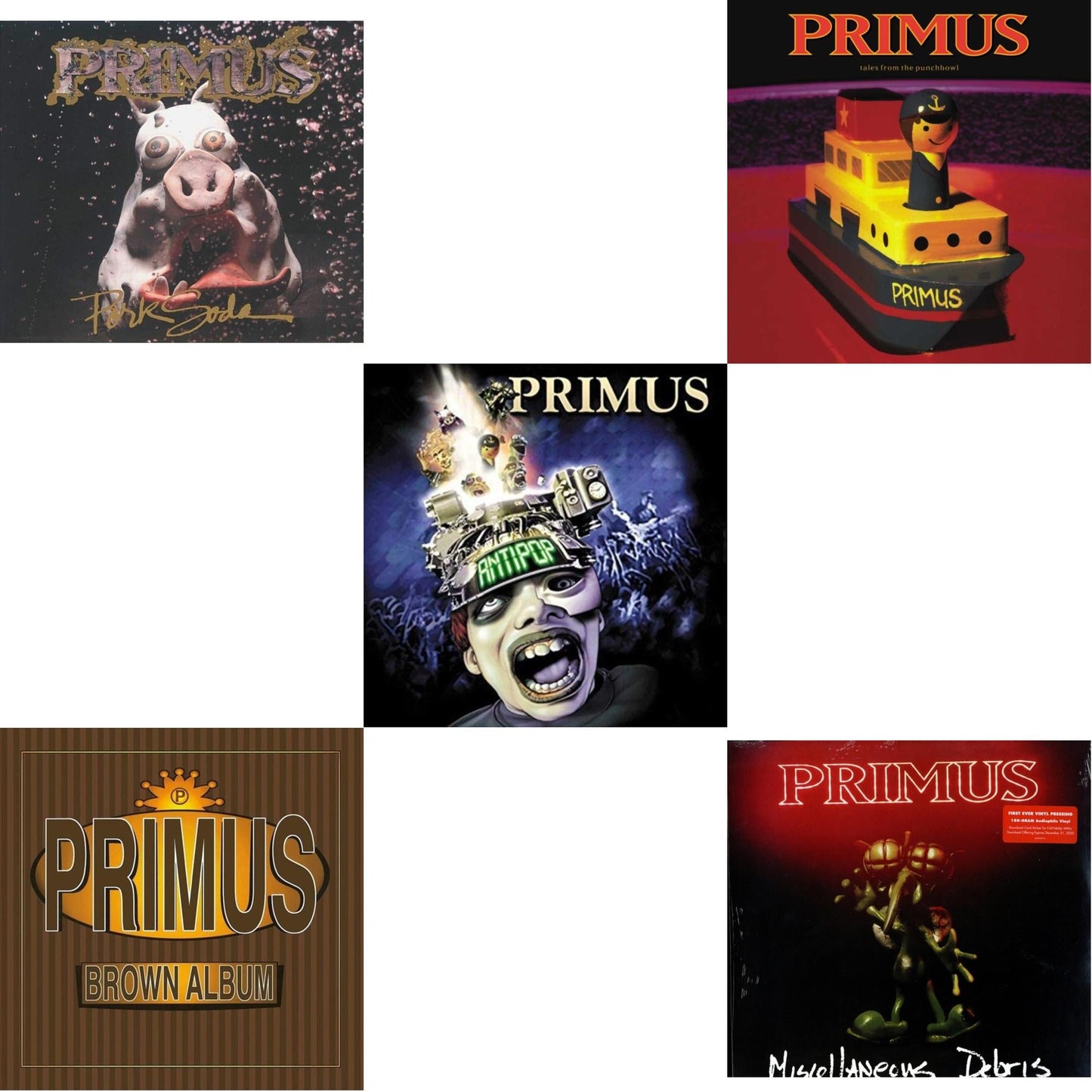 This is a 5 LP Vinyl SKU bundle.
1.This LP Vinyl is brand new.Format: LP VinylMusic Style: Alternative RockThis item's title is: Pork Soda (2 LP)Artist: PrimusBarcode: 602557414400Release Date: 11/16/2018
2.This LP Vinyl is brand new.