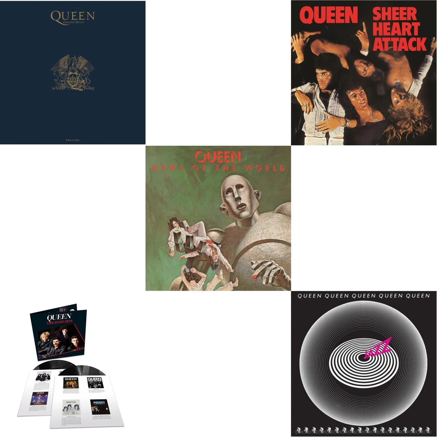 This is a 5 LP Vinyl SKU bundle.
1.This LP Vinyl is brand new.Format: LP VinylMusic Style: Arena RockThis item's title is: Greatest Hits 2 (180G/Dl Card)Artist: QueenLabel: HOLLYWOOD RECORDSBarcode: 050087350673Release Date: 2/10/2017
2.This LP Vinyl is brand new.
