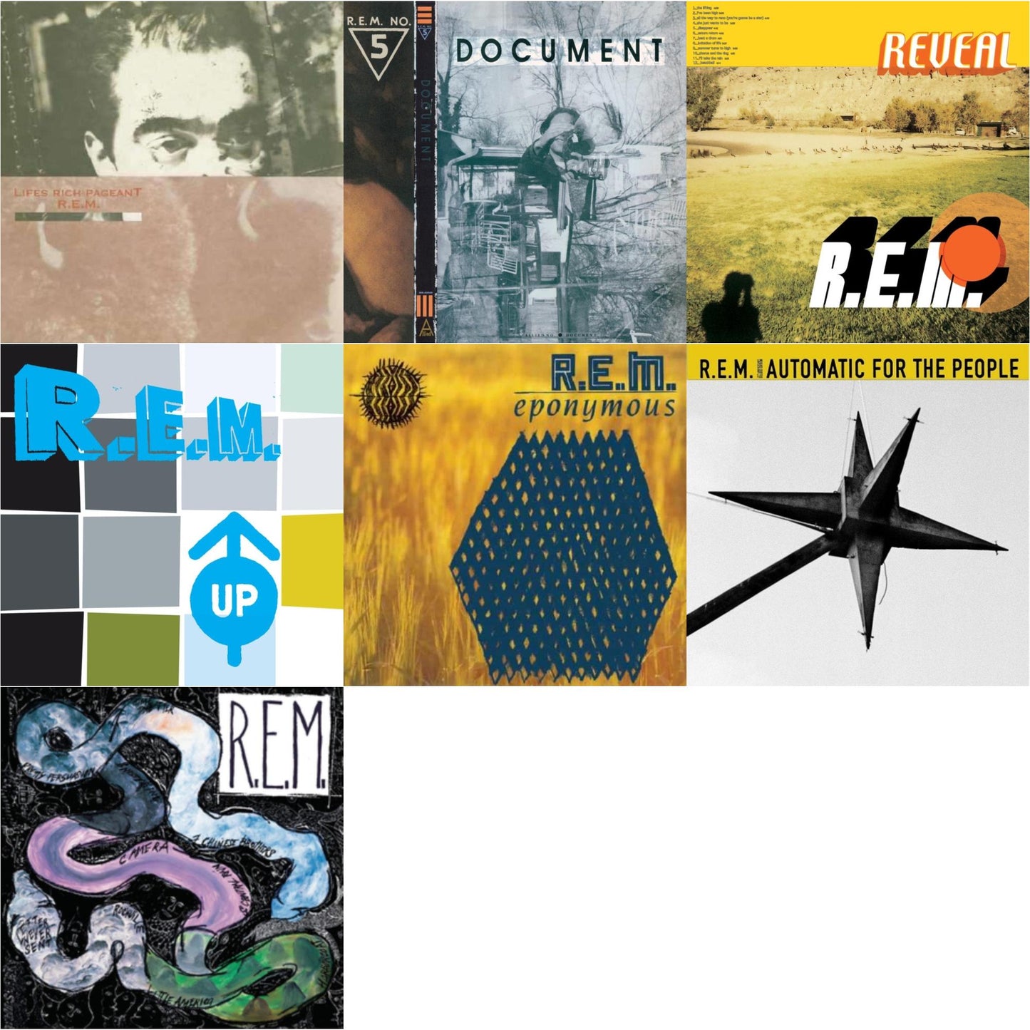 This is a 7 LP Vinyl SKU bundle.
1.This LP Vinyl is brand new.Format: LP VinylThis item's title is: DocumentArtist: R.E.M.Label: I.R.S. RecordsBarcode: 076742205911Release Date: 9/2/2008
2.This LP Vinyl is brand new.