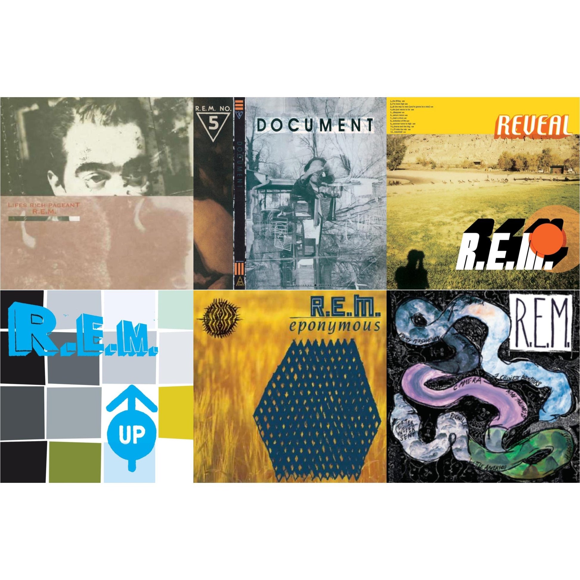 This is a 6 LP Vinyl SKU bundle.
1.This LP Vinyl is brand new.Format: LP VinylThis item's title is: DocumentArtist: R.E.M.Label: I.R.S. RecordsBarcode: 076742205911Release Date: 9/2/2008
2.This LP Vinyl is brand new.
