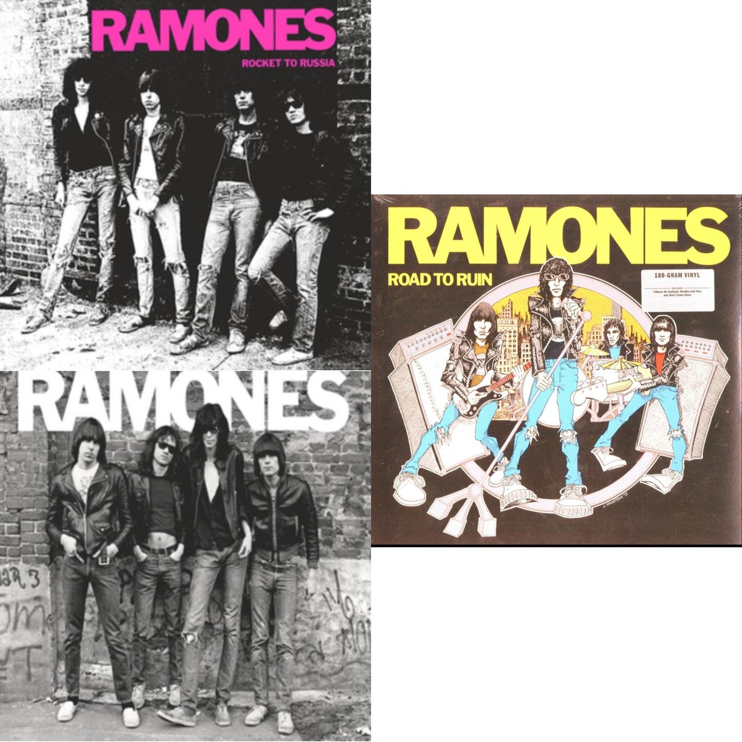 This is a 3 LP Vinyl SKU bundle.
1.This LP Vinyl is brand new.Format: LP VinylMusic Style: Rock & RollThis item's title is: Rocket To Russia (Remastered)Artist: RamonesLabel: RHINO/WARNER BROS.Barcode: 081227932701Release Date: 2/9/2018
2.This LP Vinyl is brand new.
