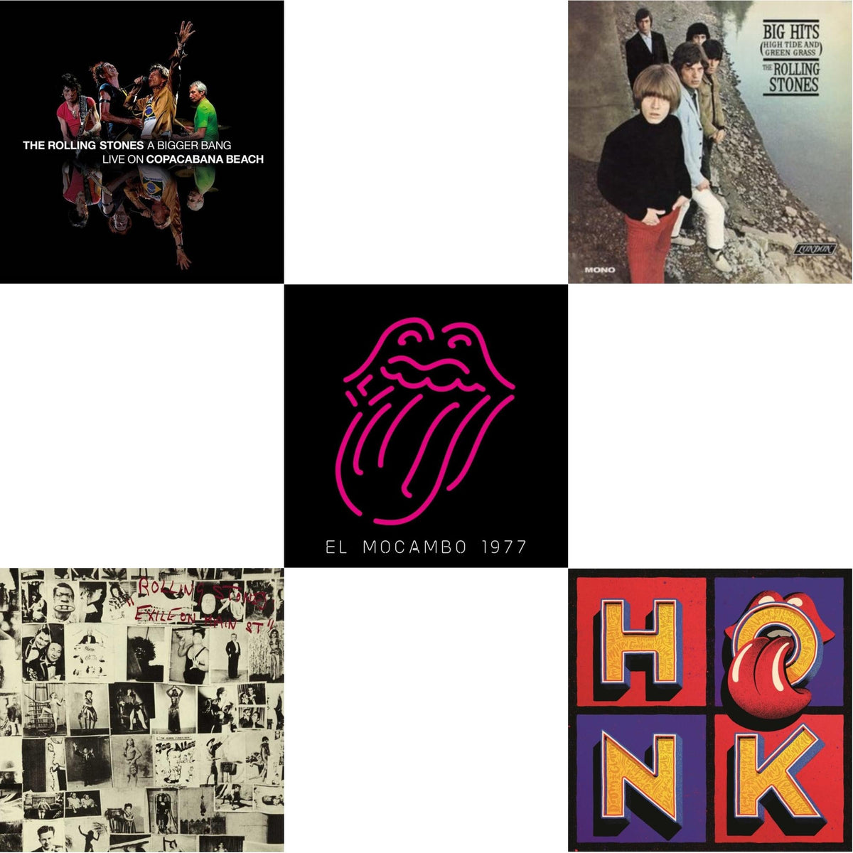 Big Hits (High Tide Green Grass LP Vinyl) & Bigger Bang Live On Copacabana Beach (Multi Color Vinyl/3LP) & Live At The El Mocambo (4LP) & Exile On Main Street (2LP) & Honk (Translucent Red Vinyl/2LP)