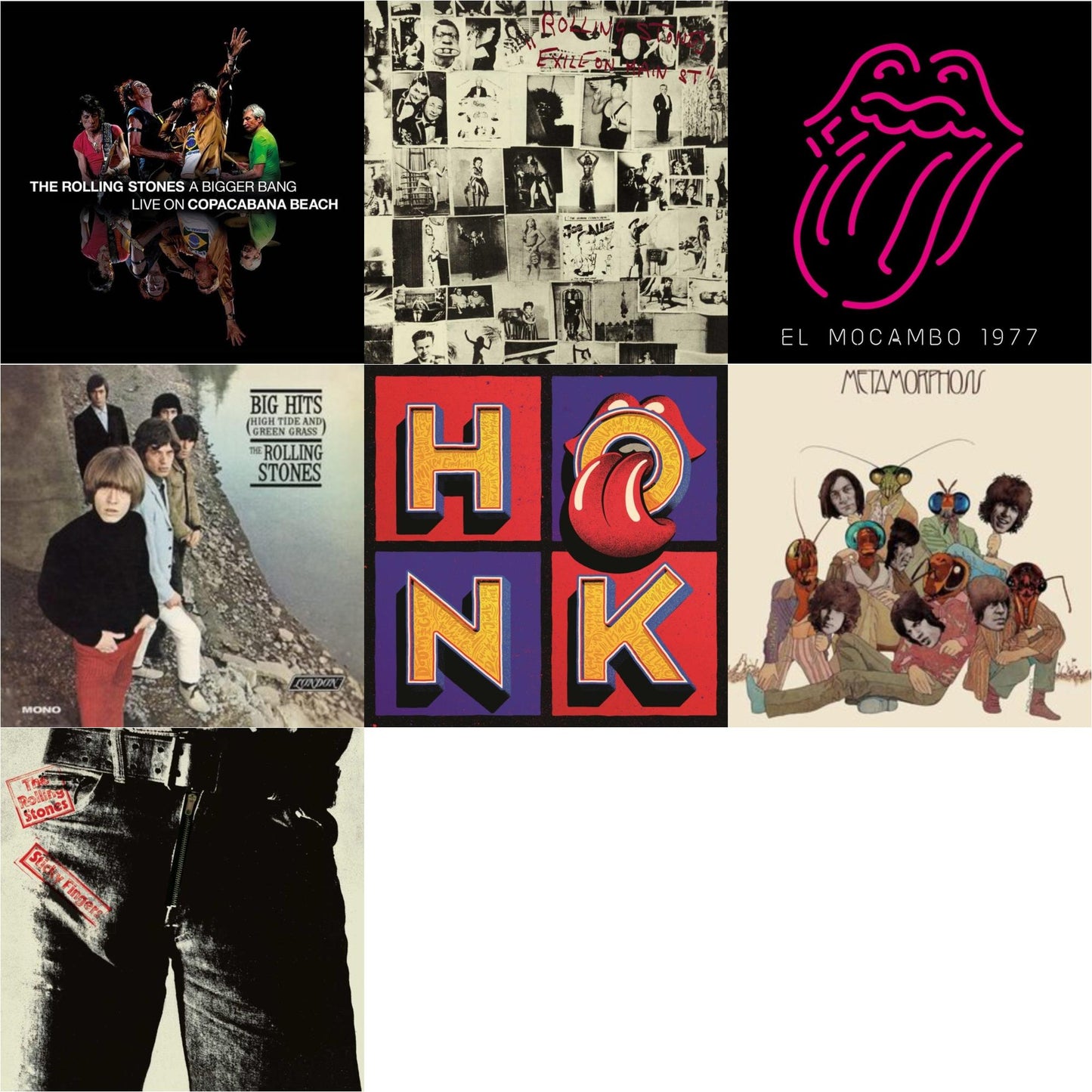 Big Hits (High Tide Green Grass LP Vinyl) & Metamorphosis & Bigger Bang Live On Copacabana Beach (Multi Color Vinyl/3LP) & Live At The El Mocambo (4LP) & Sticky Fingers & Exile On Main Street (2LP) & Honk (Translucent Red Vinyl/2LP)