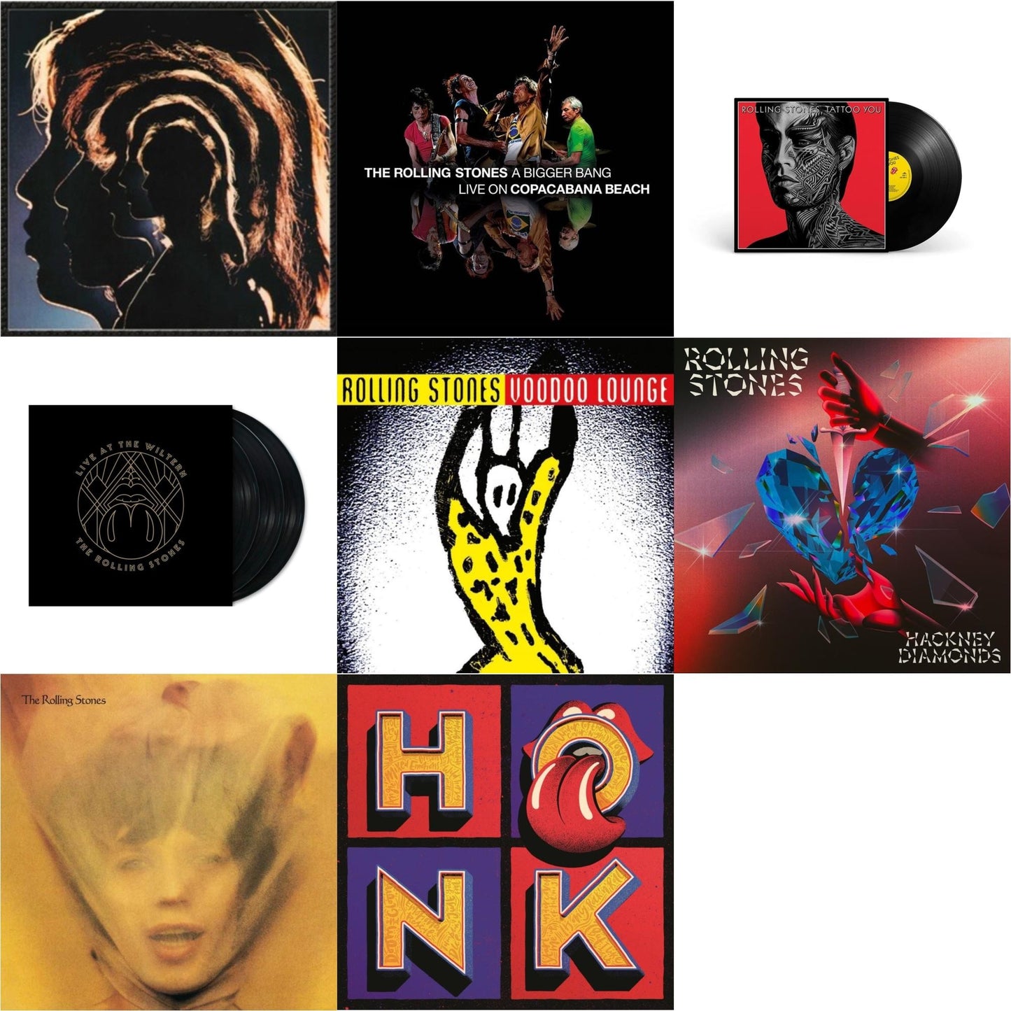 Rolling Stones - Hot Rocks 1964-1971 (2LP) & Bigger Bang Live On Copacabana Beach (Multi Color Vinyl/3LP) & Tattoo You (2021 Remaster) & Live At The Wiltern (3LP) & Voodoo Lounge (30Th Anniversary) (Red/Yellow Vinyl/2LP) & Hackney Diamonds (1 Year