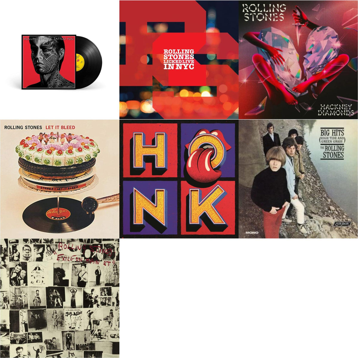 Big Hits (High Tide Green Grass LP Vinyl) & Let It Bleed (50Th Anniversary Edition) & Tattoo You (2021 Remaster) & Licked Live In Nyc (White Vinyl/3LP) & Hackney Diamonds & Exile On Main Street (2LP) & Honk (Translucent Red Vinyl/2LP)