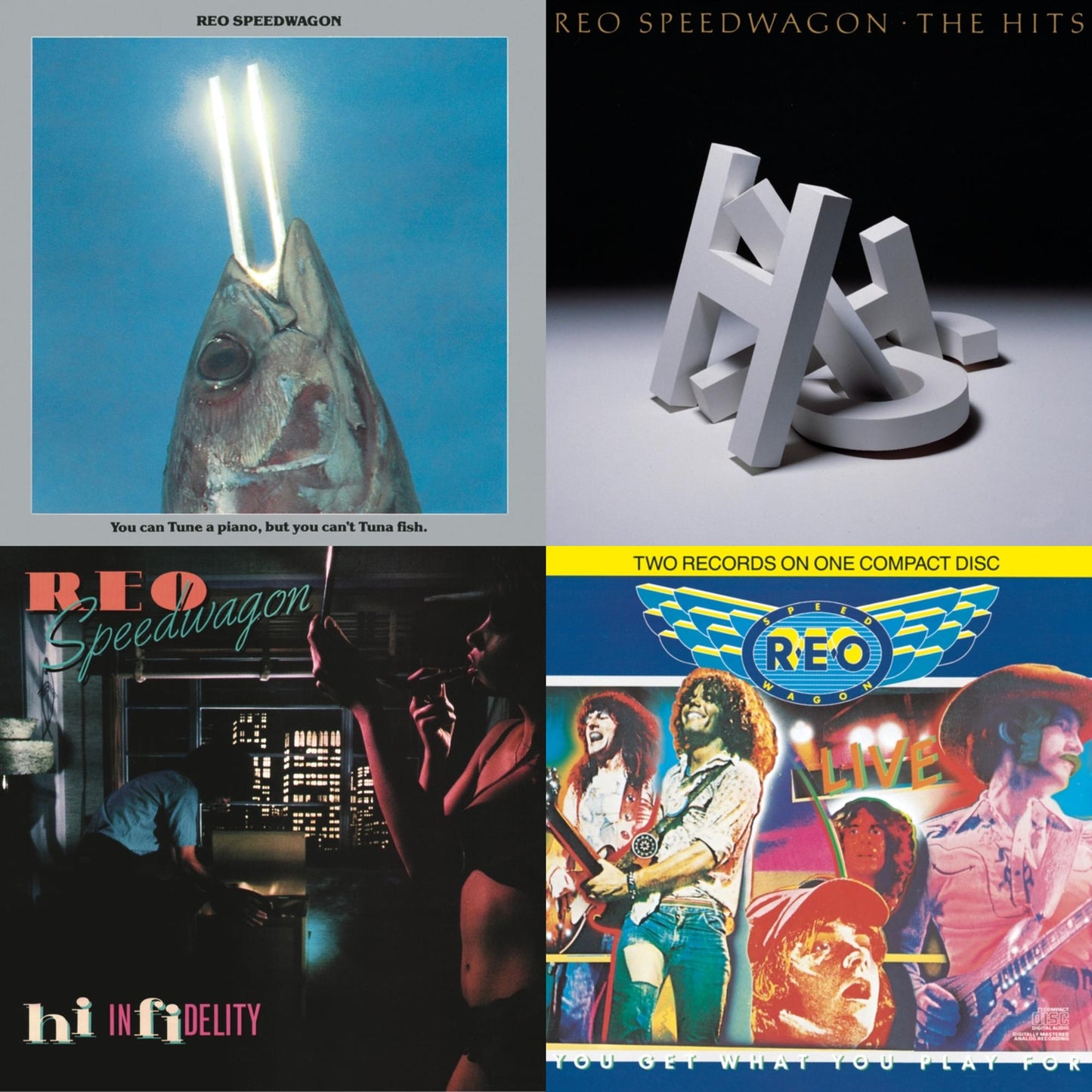 This is a 4 CD SKU bundle.
1.This CD is brand new.Format: CDMusic Style: Arena RockThis item's title is: You Can Tune A Piano But You Can't Tuna FishArtist: Reo SpeedwagonLabel: SONY SPECIAL MARKETINGBarcode: 886977102622Release Date: 5/4/2010
2.This CD is brand new.