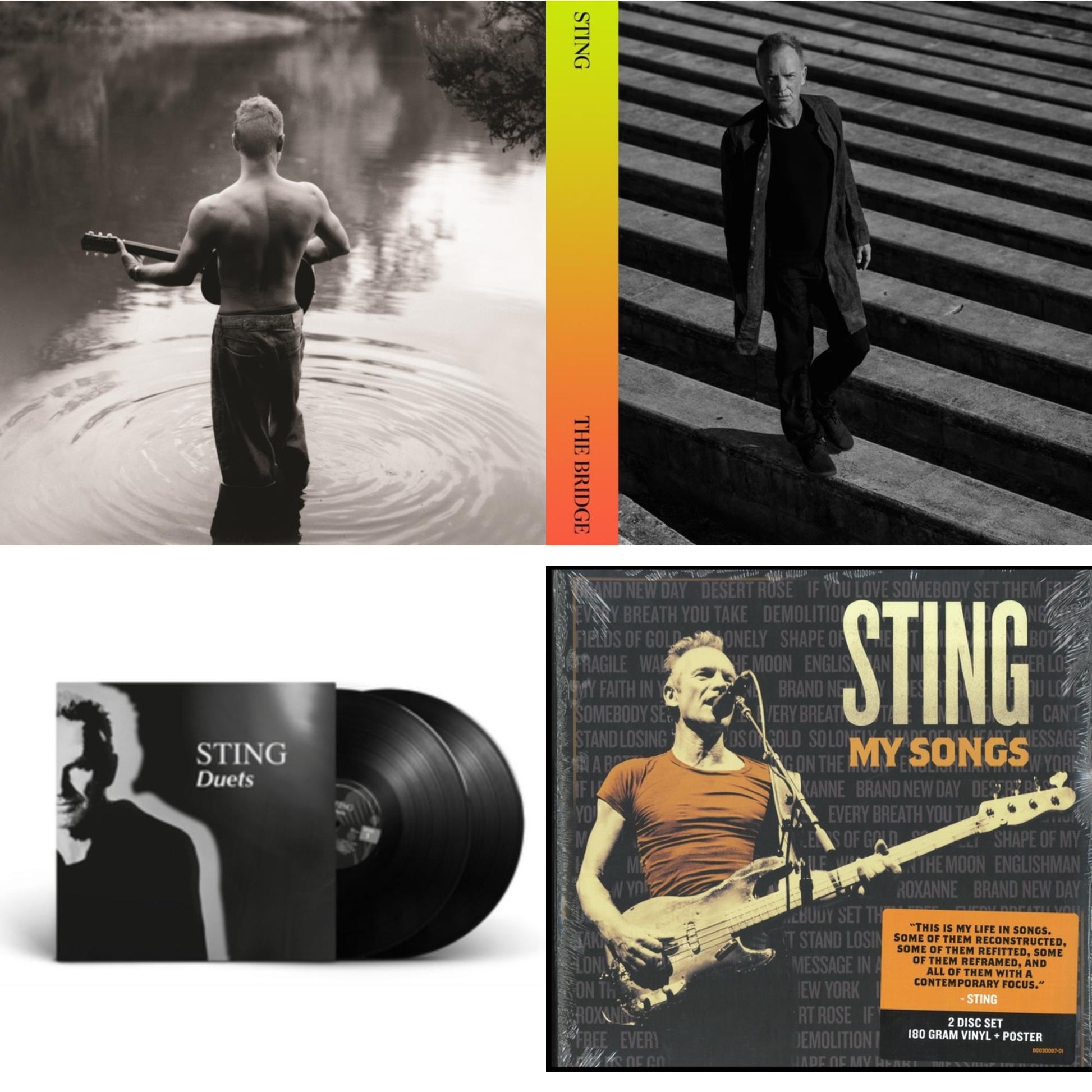 This is a 4 LP Vinyl SKU bundle.
1.This LP Vinyl is brand new.Format: LP VinylMusic Style: BalladThis item's title is: Best Of 25 YearsArtist: StingLabel: A&MBarcode: 602527902210Release Date: 12/6/2011
2.This LP Vinyl is brand new.