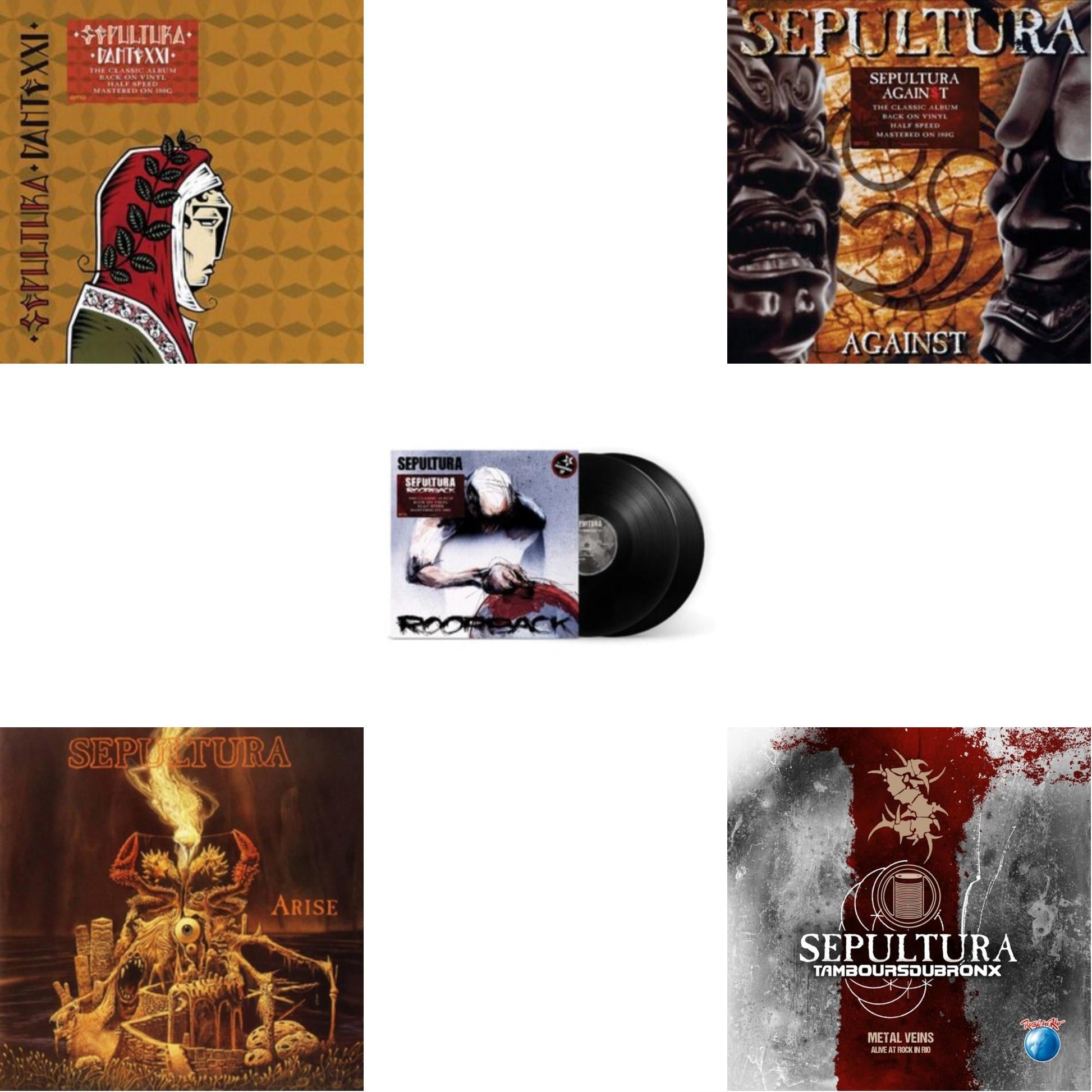 This is a 5 LP Vinyl SKU bundle.
1.This LP Vinyl is brand new.Format: LP VinylThis item's title is: Metal Veins - Alive At Rock In Rio (Limited/2LP)Artist: SepulturaLabel: EARMUSICBarcode: 4029759138778Release Date: 12/4/2020
2.This LP Vinyl is brand new.