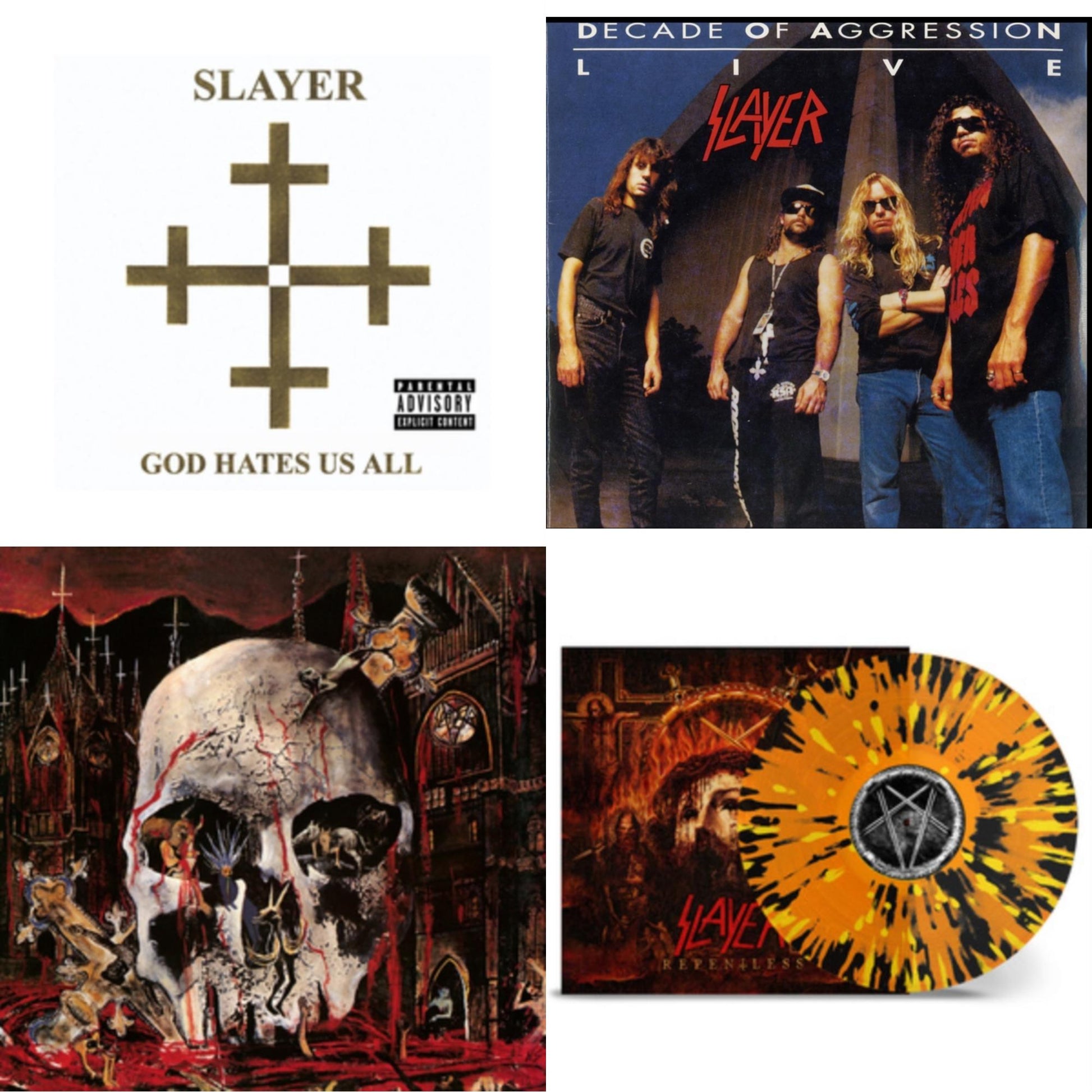 This is a 4 LP Vinyl SKU bundle.
1.This LP Vinyl is brand new.Format: LP VinylMusic Style: ThrashThis item's title is: God Hates Us AllArtist: SlayerLabel: AMERICANBarcode: 602537467723Release Date: 12/17/2013
2.This LP Vinyl is brand new.