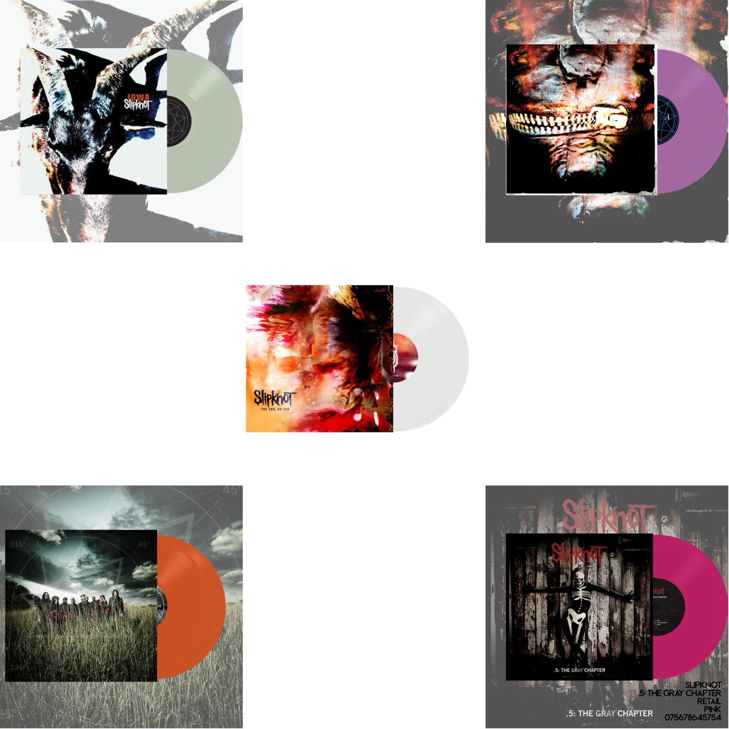 This is a 5 LP Vinyl SKU bundle.
1.This LP Vinyl is brand new.Format: LP VinylMusic Style: Nu MetalThis item's title is: Iowa (X) (2LP/Color Vinyl)Artist: SlipknotLabel: ROADRUNNER RECORDSBarcode: 075678645716Release Date: 5/13/2022
2.This LP Vinyl is brand new.