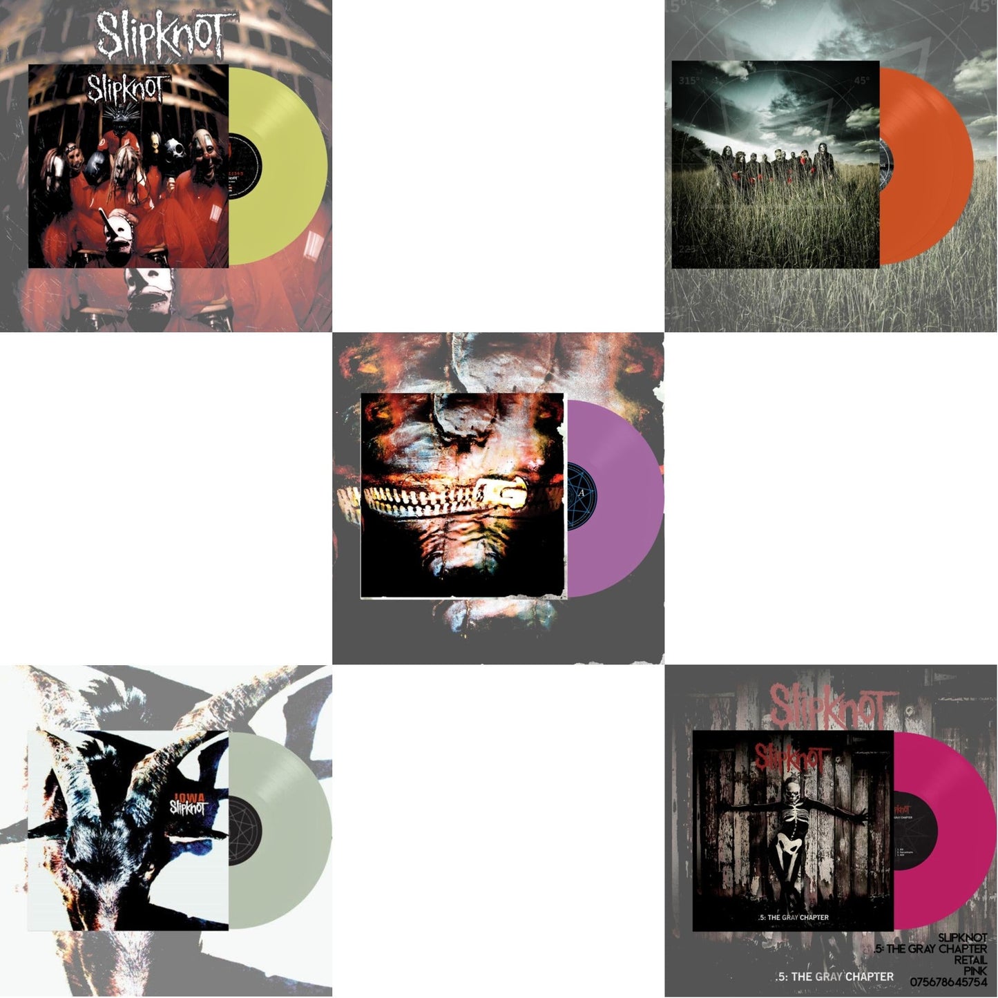 Slipknot (Lemon LP Vinyl) & Iowa (X) (2LP/Color Vinyl) & Volume 3: The Subliminal Verses (X) (Violet Vinyl/2LP) & All Hope Is Gone (Orange Vinyl/2LP) & .5: The Gray Chapter (X) (Pink Vinyl/2LP)