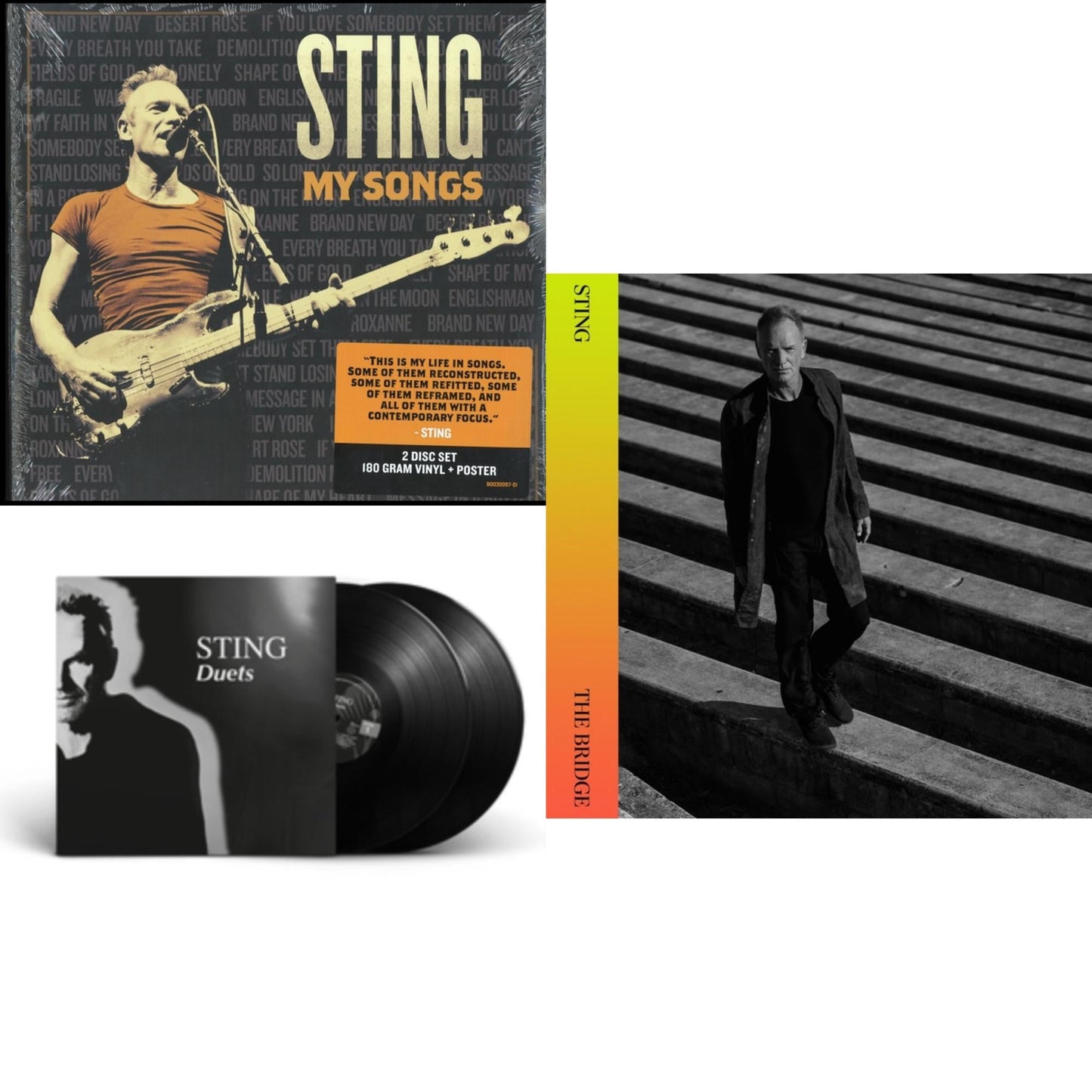 This is a 3 LP Vinyl SKU bundle.
1.This LP Vinyl is brand new.Format: LP VinylMusic Style: Pop RockThis item's title is: Duets (2LP/180G)Artist: StingLabel: A&MBarcode: 602435371306Release Date: 3/19/2021
2.This LP Vinyl is brand new.