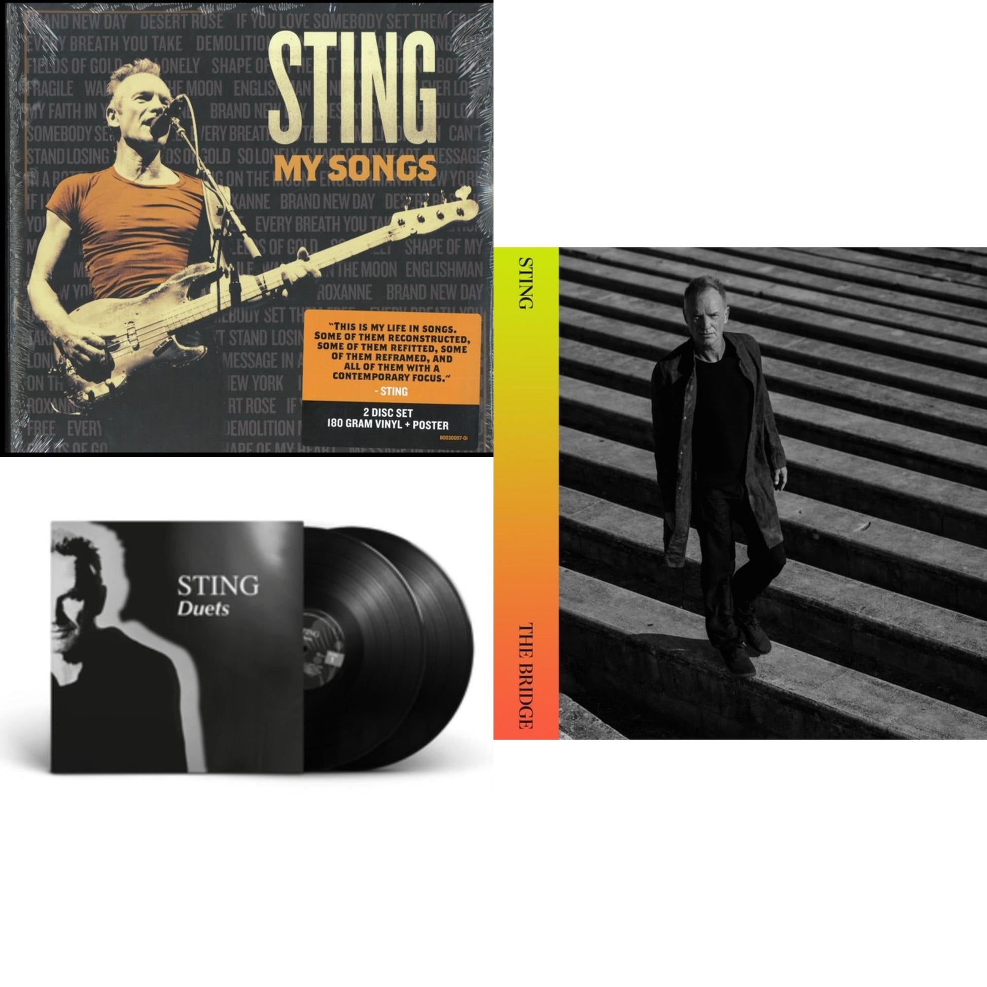 This is a 3 LP Vinyl SKU bundle.
1.This LP Vinyl is brand new.Format: LP VinylMusic Style: Pop RockThis item's title is: Duets (2LP/180G)Artist: StingLabel: A&MBarcode: 602435371306Release Date: 3/19/2021
2.This LP Vinyl is brand new.