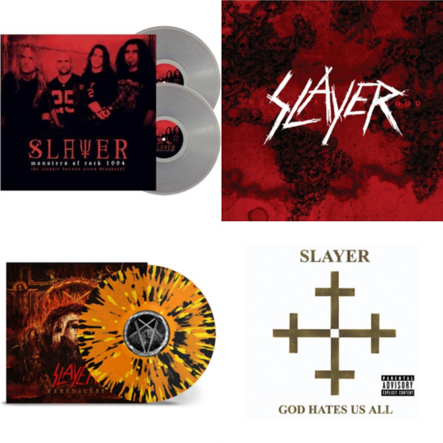This is a 4 LP Vinyl SKU bundle.
1.This LP Vinyl is brand new.Format: LP VinylMusic Style: ThrashThis item's title is: God Hates Us AllArtist: SlayerLabel: AMERICANBarcode: 602537467723Release Date: 12/17/2013
2.This LP Vinyl is brand new.