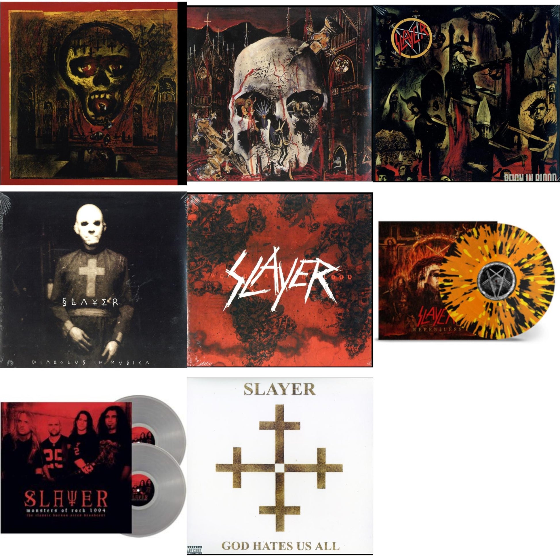 This is a 8 LP Vinyl SKU bundle.
1.This LP Vinyl is brand new.Format: LP VinylMusic Style: ThrashThis item's title is: Seasons In AbyssArtist: SlayerLabel: American RecordingsBarcode: 602537467914Release Date: 12/10/2013
2.This LP Vinyl is brand new.