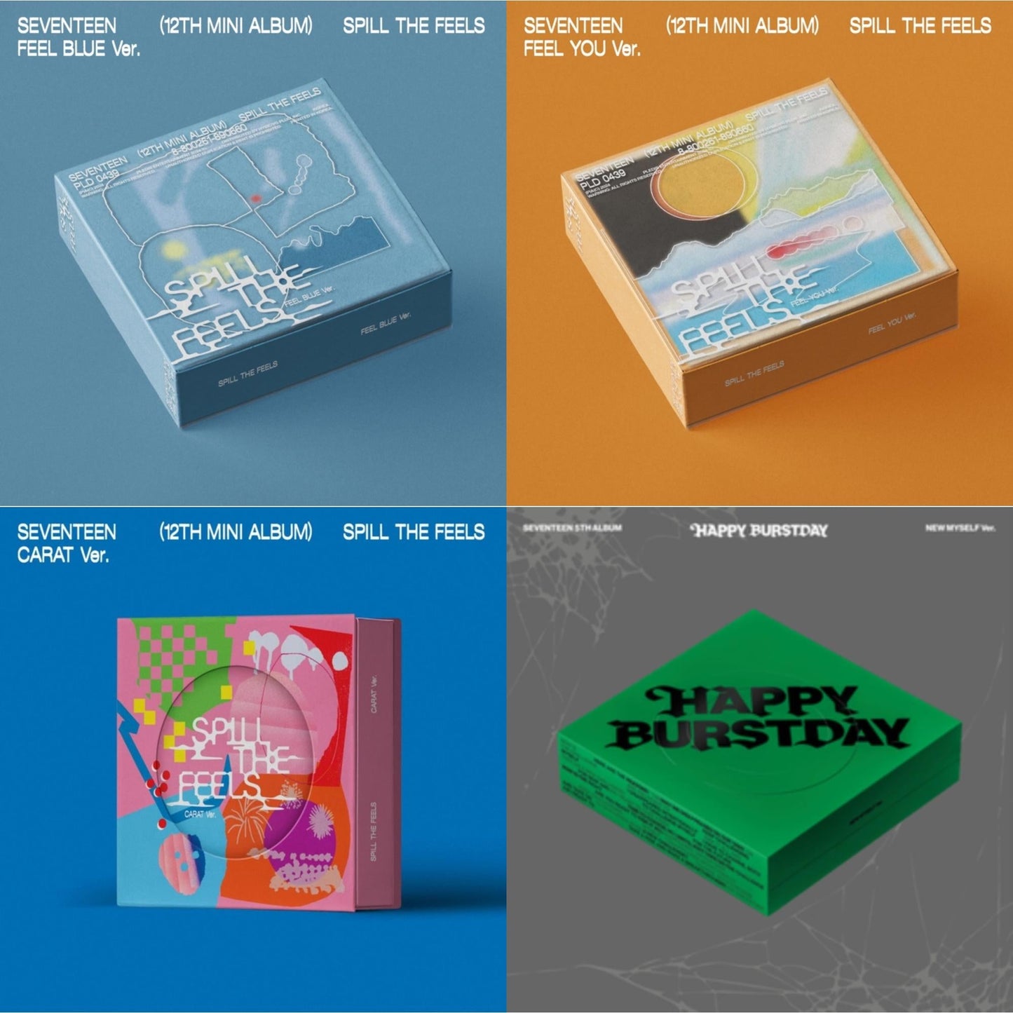 Spill The Feels - Seventeen 12Th Mini Album (Feel Blue Ver.) & Spill The Feels - Seventeen 12Th Mini Album (Feel You Ver.) & Spill The Feels - Seventeen 12Th Mini Album (Carat Ver.) & Seventeen 5Th Album Happy Burstday (New Myself Ver.)
