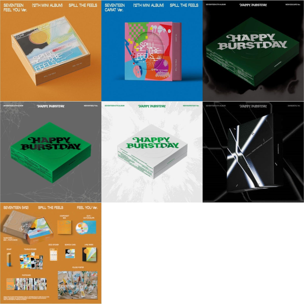 Spill The Feels - Seventeen 12Th Mini Album (Feel You Ver.) & Spill The Feels - Seventeen 12Th Mini Album (Carat Ver.) & Seventeen 5Th Album Happy Burstday (New Escape Ver.) & Seventeen 5Th Album Happy Burstday (New Myself Ver.)