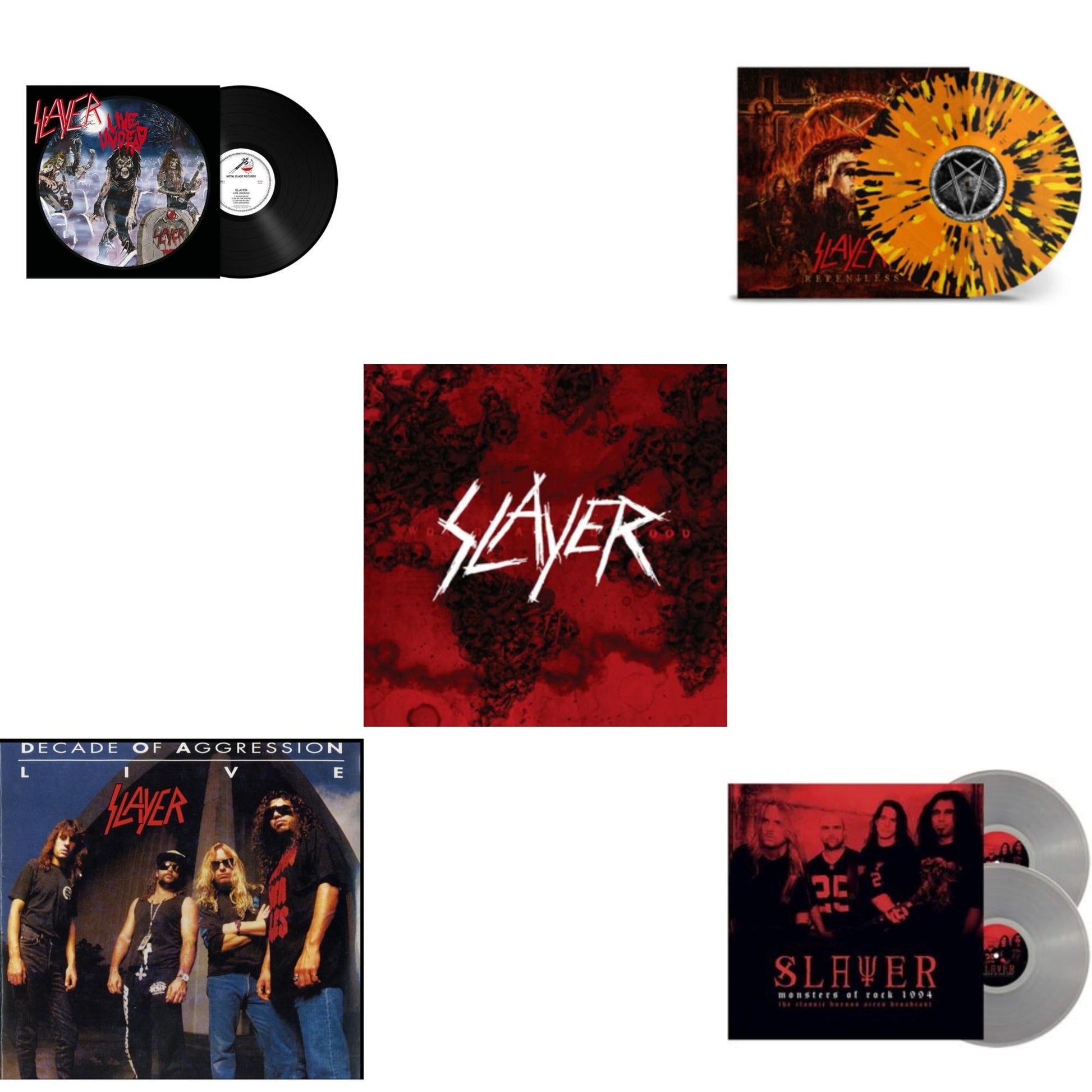 This is a 5 LP Vinyl SKU bundle.
1.This LP Vinyl is brand new.Format: LP VinylMusic Style: ThrashThis item's title is: Live Undead (180G)Artist: SlayerLabel: METAL BLADE RECORDSBarcode: 039841578911Release Date: 10/22/2021
2.This LP Vinyl is brand new.