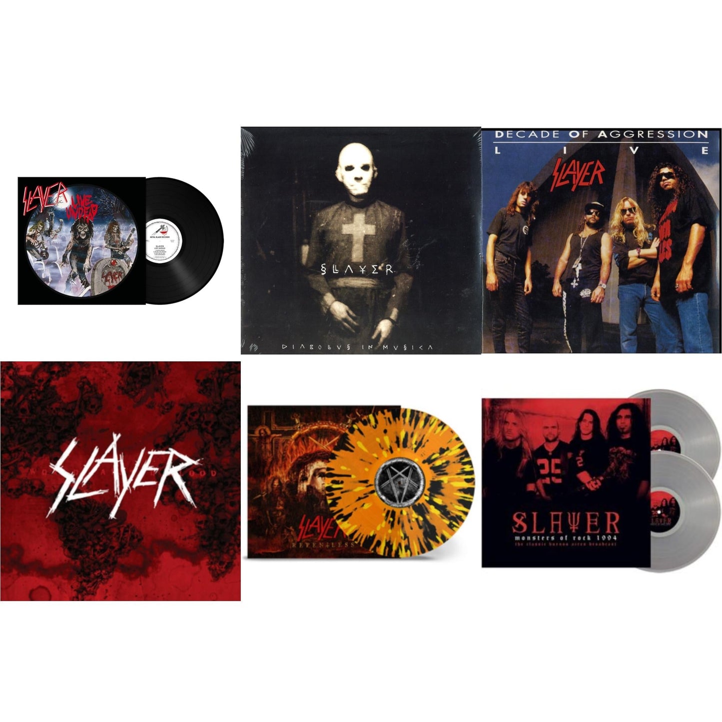 This is a 6 LP Vinyl SKU bundle.
1.This LP Vinyl is brand new.Format: LP VinylMusic Style: ThrashThis item's title is: Live Undead (180G)Artist: SlayerLabel: METAL BLADE RECORDSBarcode: 039841578911Release Date: 10/22/2021
2.This LP Vinyl is brand new.