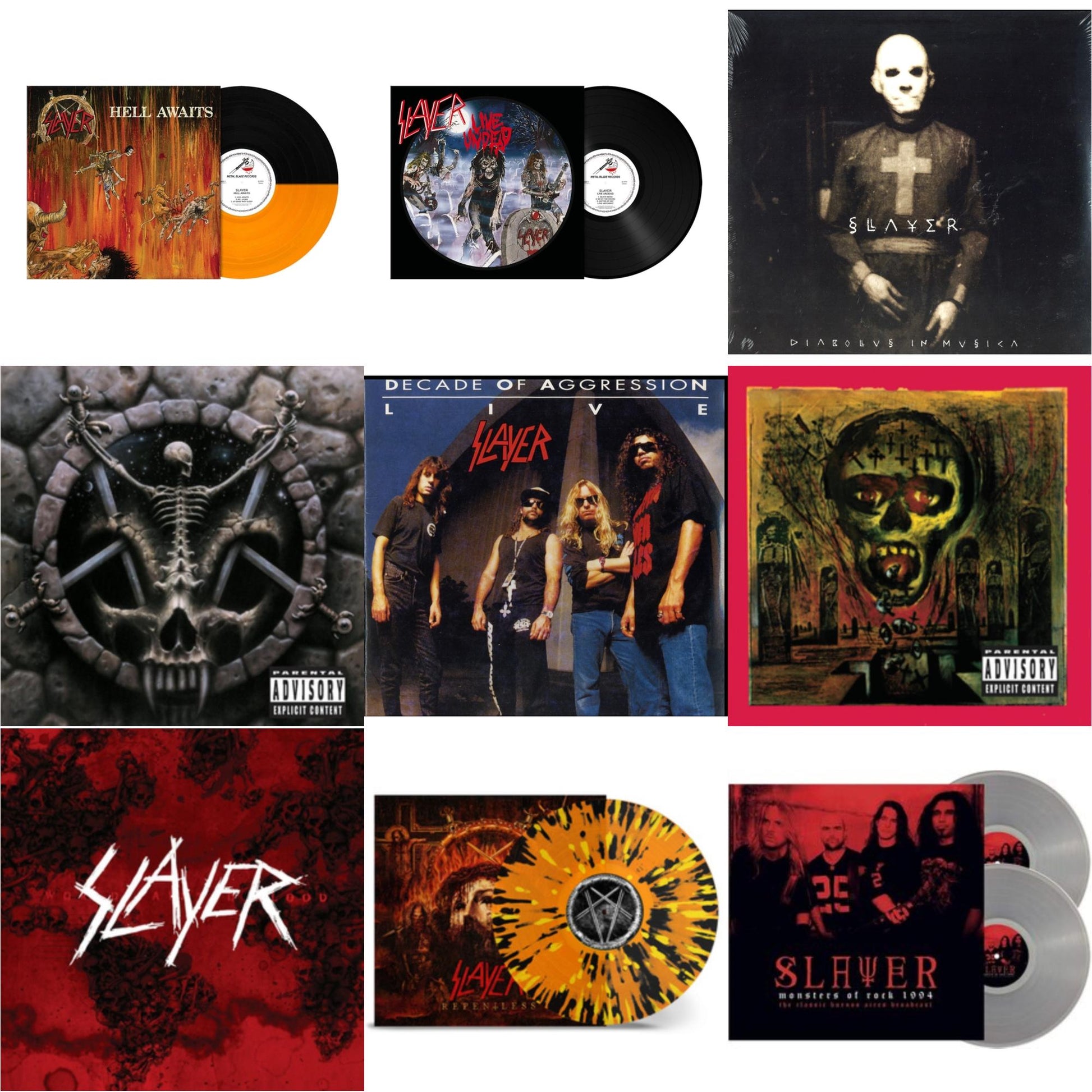 This is a 9 LP Vinyl SKU bundle.
1.This LP Vinyl is brand new.Format: LP VinylMusic Style: ThrashThis item's title is: Hell Awaits (Transparent Orange & Black Split LP Vinyl)Artist: SlayerLabel: Metal Blade RecordsBarcode: 039841578614Release Date: 10/22/2021
2.