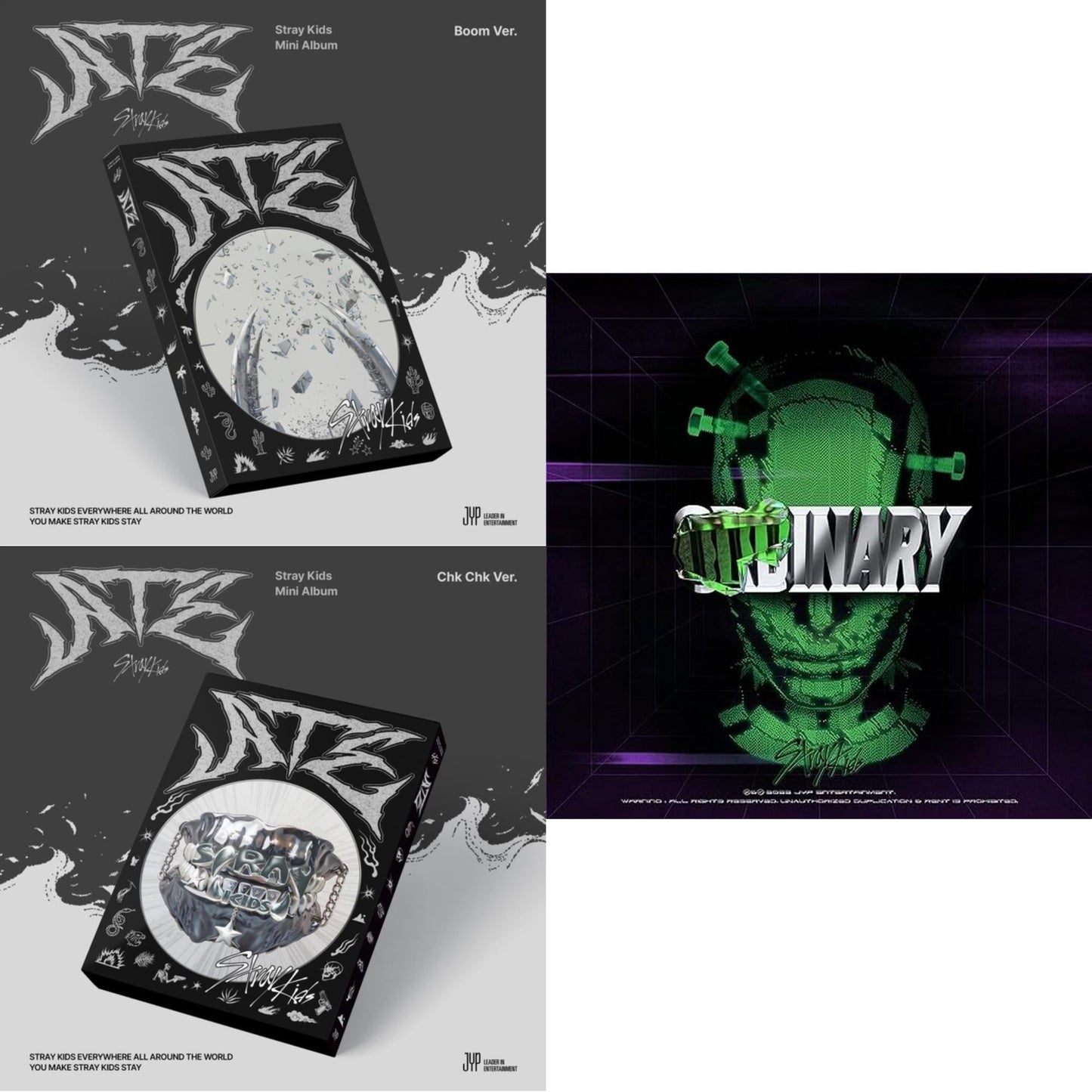 This is a 3 CD SKU bundle.
1.This CD is brand new.Format: CDThis item's title is: Ate (Chk Chk Ver.)Artist: Stray KidsBarcode: 196922934445Release Date: 7/19/2024
2.This CD is brand new.Format: CDThis item's title is: Ate (Boom Ver.