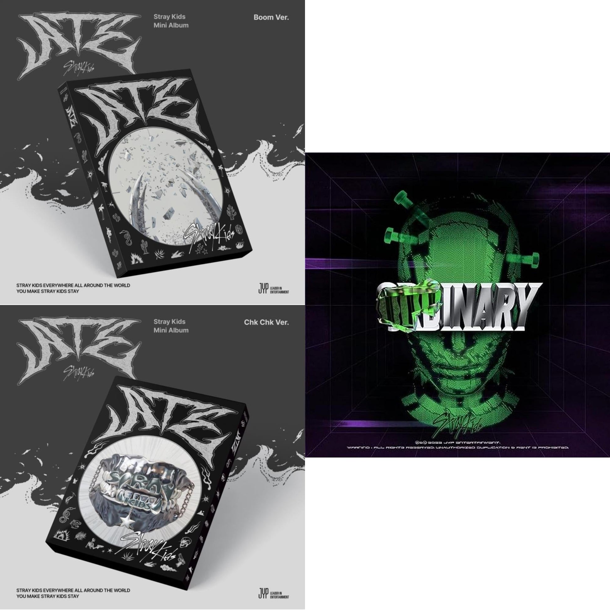 This is a 3 CD SKU bundle.
1.This CD is brand new.Format: CDThis item's title is: Ate (Chk Chk Ver.)Artist: Stray KidsBarcode: 196922934445Release Date: 7/19/2024
2.This CD is brand new.Format: CDThis item's title is: Ate (Boom Ver.