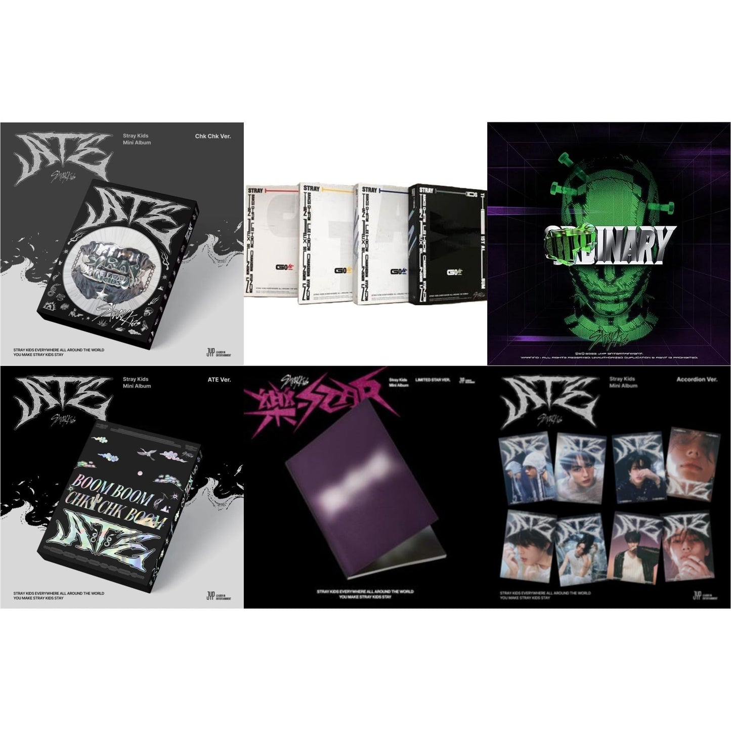 This is a 6 CD SKU bundle.
1.This CD is brand new.Format: CDThis item's title is: Rock-Star (Limited Star Ver.)Artist: Stray KidsBarcode: 196922597589Release Date: 11/10/2023
2.This CD is brand new.Format: CDThis item's title is: Ate (Chk Chk Ver.