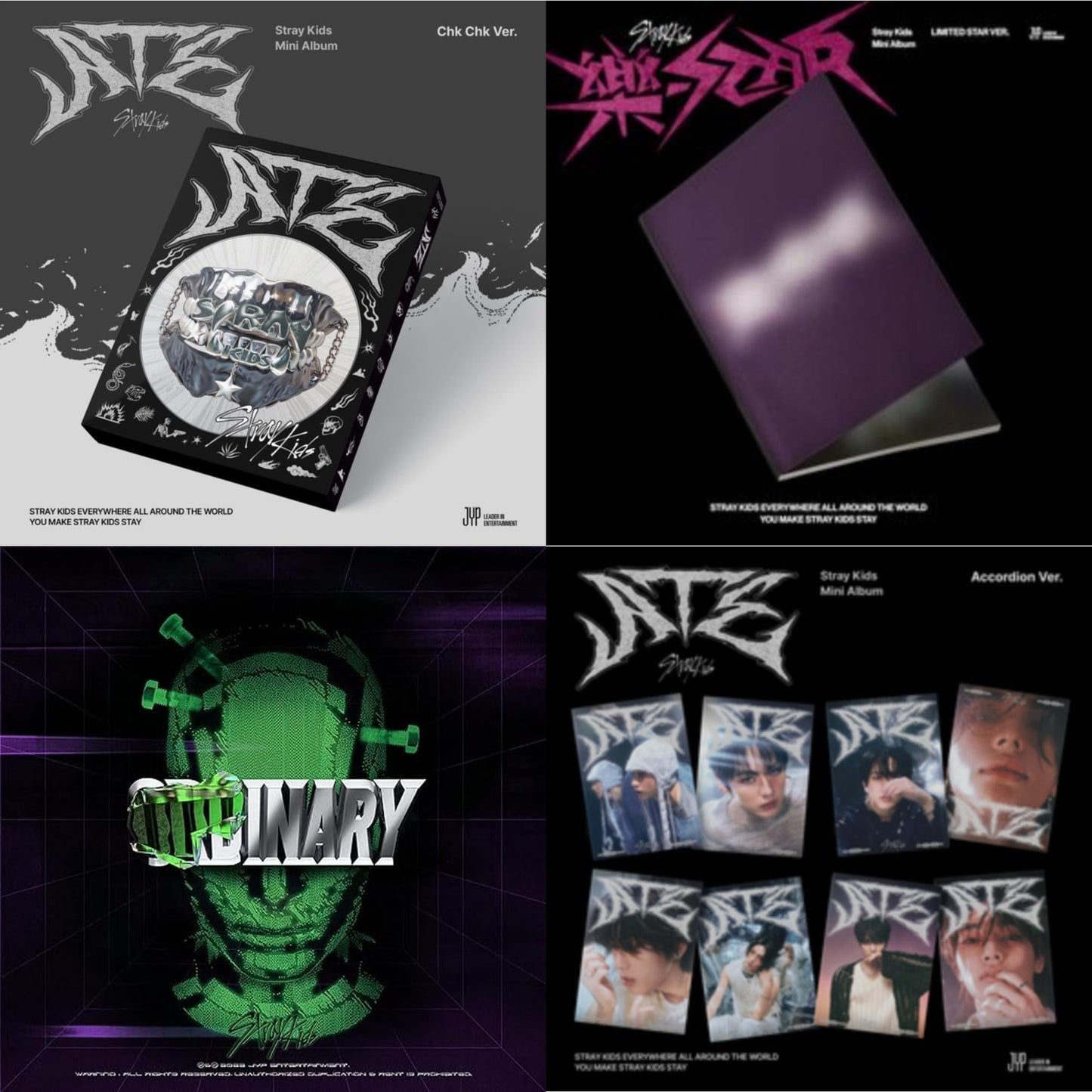 This is a 4 CD SKU bundle.
1.This CD is brand new.Format: CDThis item's title is: Ate (Chk Chk Ver.)Artist: Stray KidsBarcode: 196922934445Release Date: 7/19/2024
2.This CD is brand new.Format: CDThis item's title is: Rock-Star (Limited Star Ver.