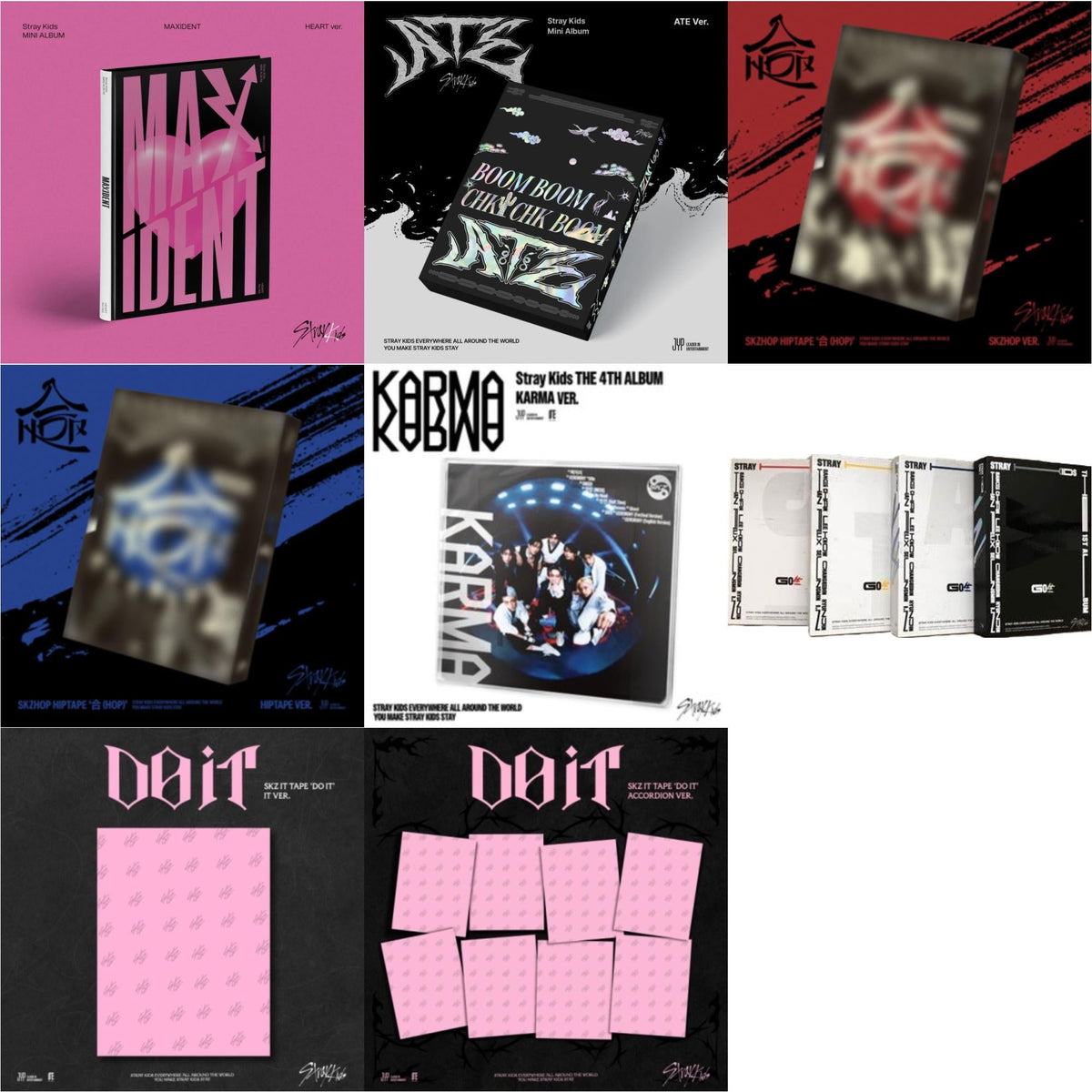 Maxident (Heart Version) & Ate (Ate Ver.) & Hop (Skzhop Ver.) & Hop (Hiptape Ver.) & Karma (Karma Ver.) & Go: Volume 1 (Normal Edition) & Do It - Skz It Tape (It Ver.) & Do It - Skz It Tape (Accordion Ver.)