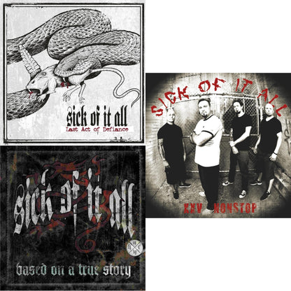 This is a 3 LP Vinyl SKU bundle.
1.This LP Vinyl is brand new.Format: LP VinylMusic Style: HardcoreThis item's title is: Last Act Of DefianceArtist: Sick Of It AllLabel: BACK ON BLACKBarcode: 803343198492Release Date: 11/20/2020
2.This LP Vinyl is brand new.
