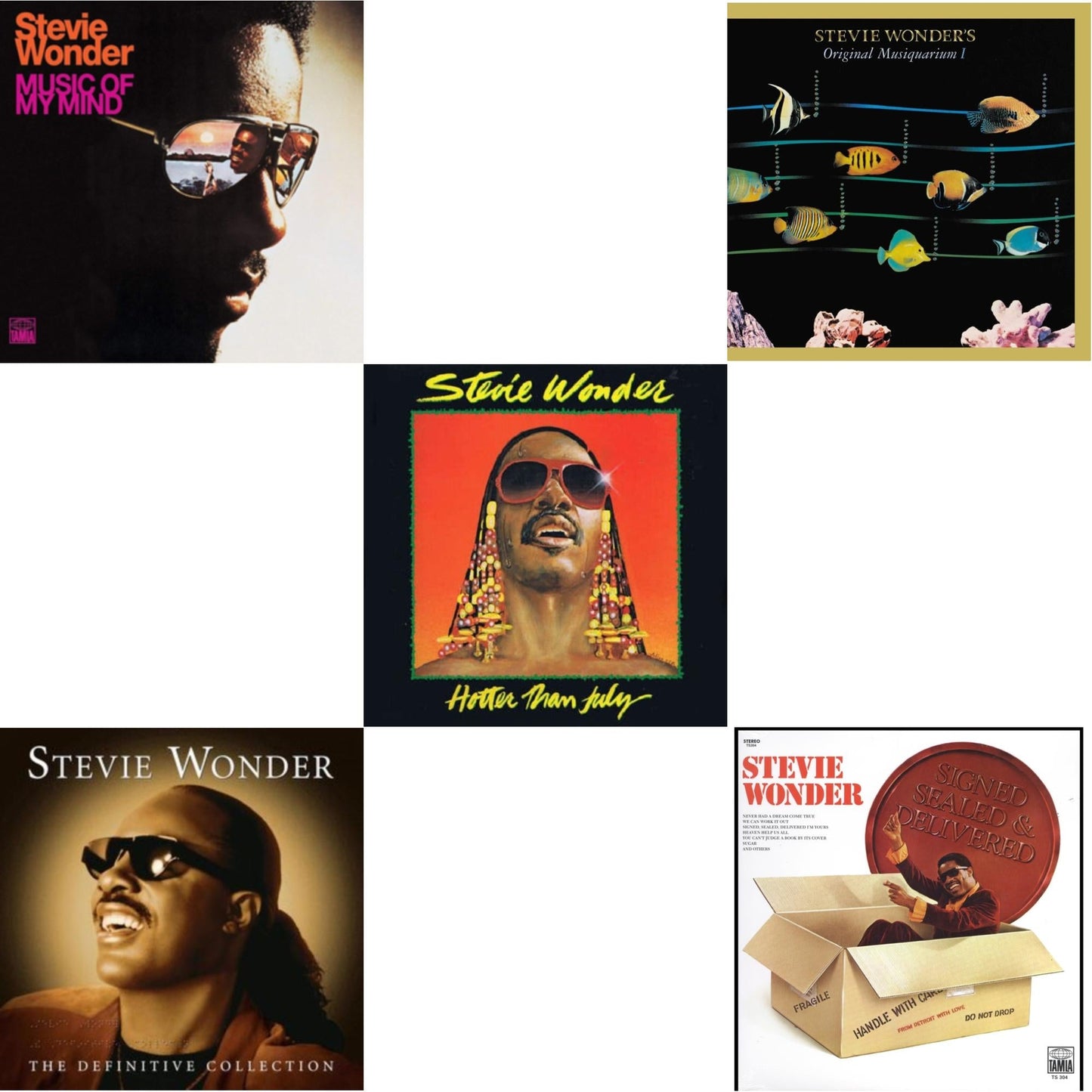 Music Of My Mind & Definitive Collection (2LP) & Hotter Than July & Original Musiquarium I (2LP) & Signed Sealed And Delivered (LP)