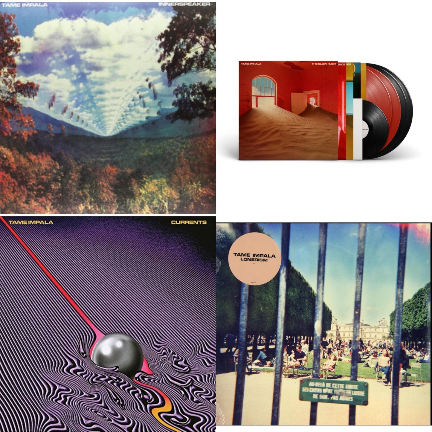 This is a 4 LP Vinyl SKU bundle.
1.This LP Vinyl is brand new.Format: LP VinylMusic Style: Psychedelic RockThis item's title is: Slow Rush (Deluxe/2-Transparent Red LP Vinyl/3-Black LP Vinyl)Artist: Tame ImpalaLabel: INTERSCOPEBarcode: 602438539871Release Date: 4/22/2022
2.