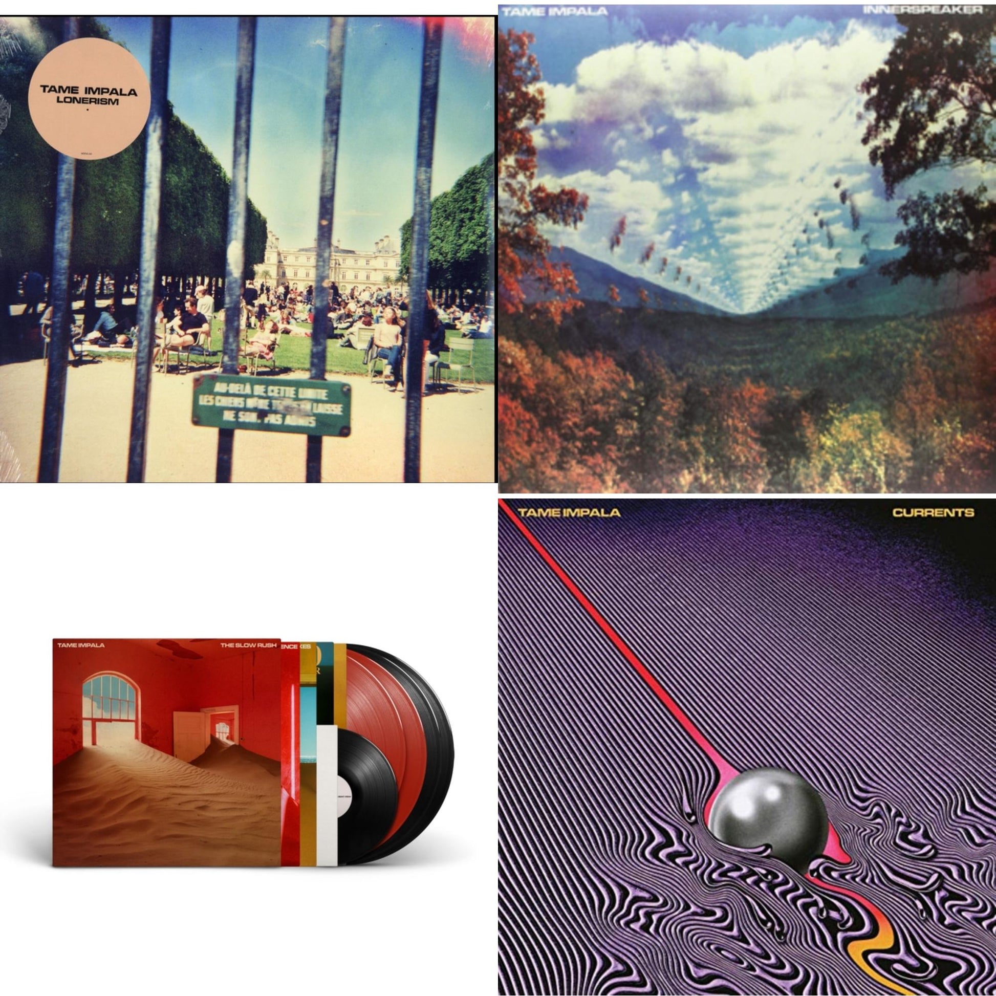This is a 4 LP Vinyl SKU bundle.
1.This LP Vinyl is brand new.Format: LP VinylMusic Style: Psychedelic RockThis item's title is: Slow Rush (Deluxe/2-Transparent Red LP Vinyl/3-Black LP Vinyl)Artist: Tame ImpalaLabel: INTERSCOPEBarcode: 602438539871Release Date: 4/22/2022
2.